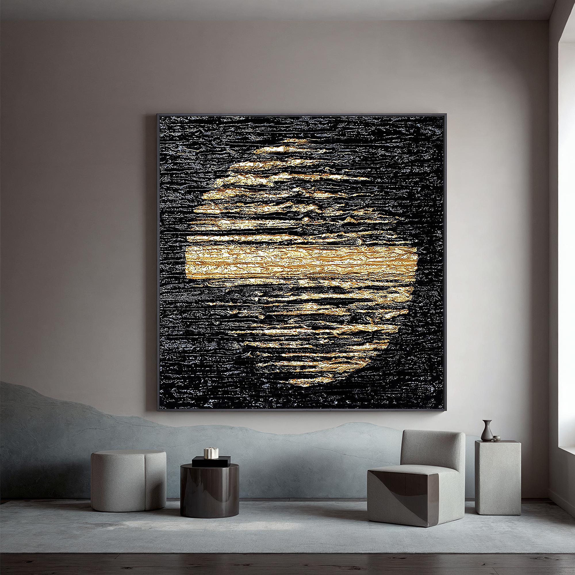 Lunar Glow – Modern Black and Gold Textured Painting | Abstract Luxury Dining Room Art