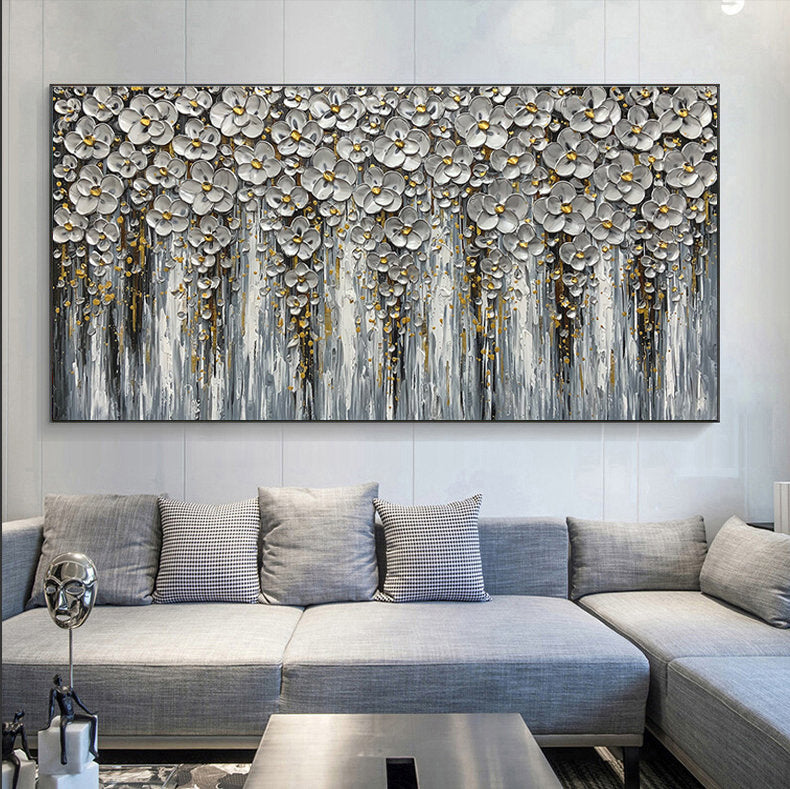 Silver Bloom – Luxury Blossom Relief Floral Painting | Contemporary Botanical Bedroom & Living Room Art