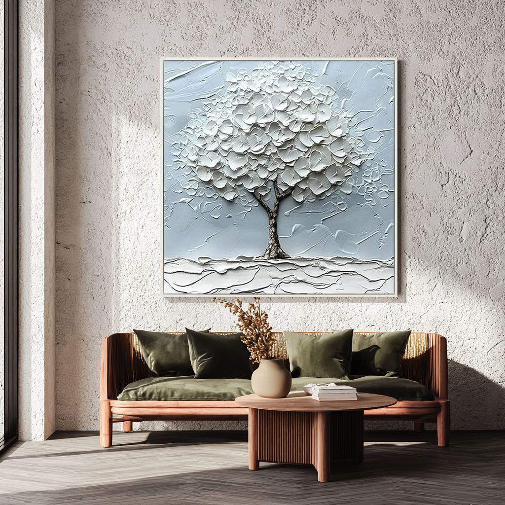 Sacred Solitude – Minimalist Heavy Impasto White Tree of Life | Wabi-Sabi Square Living Room Wall Art
