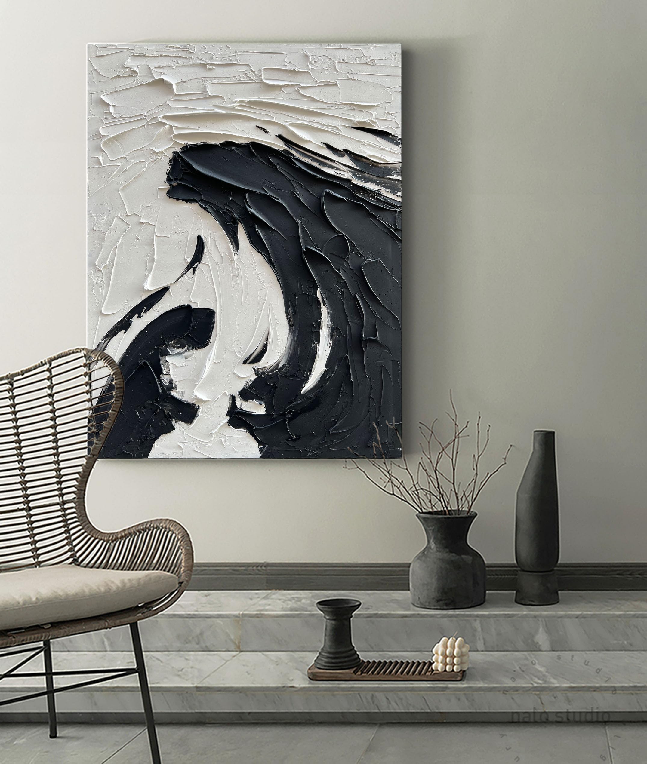 Noir Swirl – Black and White Plaster Relief Abstract Painting | Industrial Abstract Home Office & Living Room Art