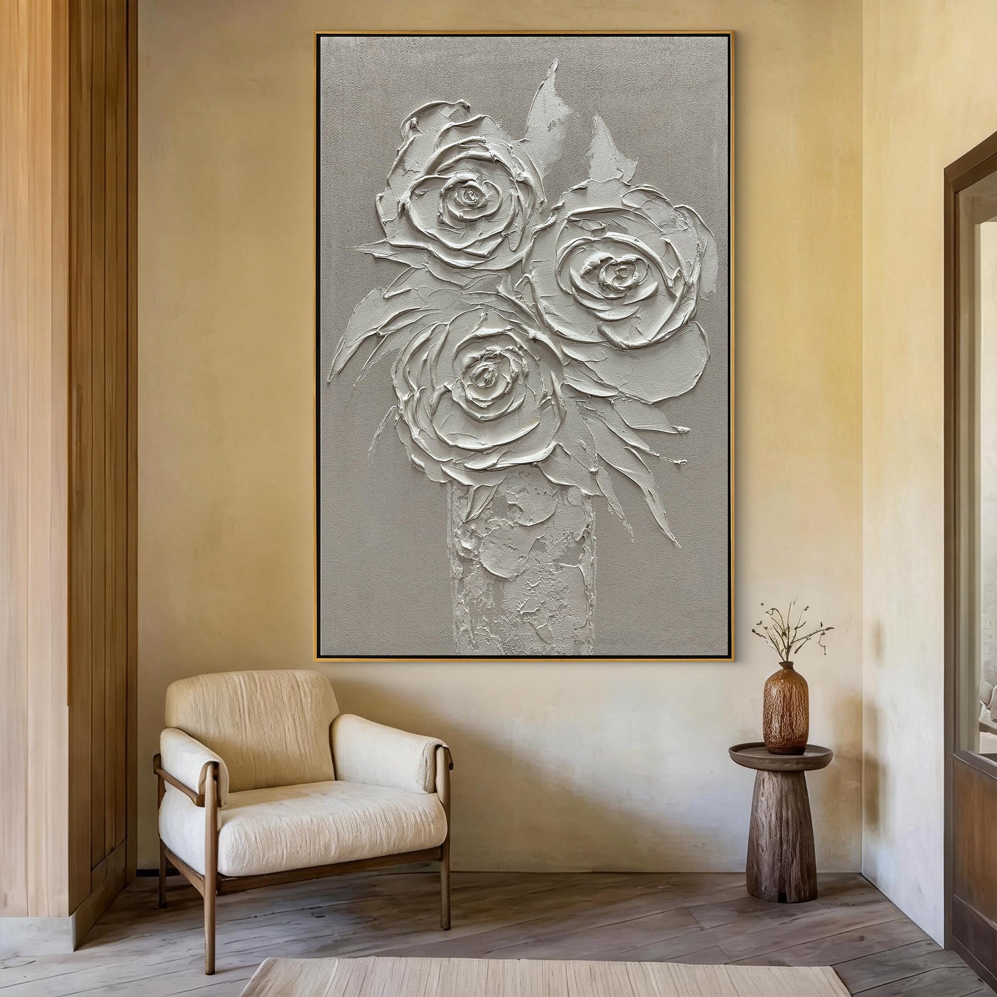 Ethereal Vase – Modern Floral Still Life Relief Texture Painting | Contemporary Botanical Bedroom & Living Room Art