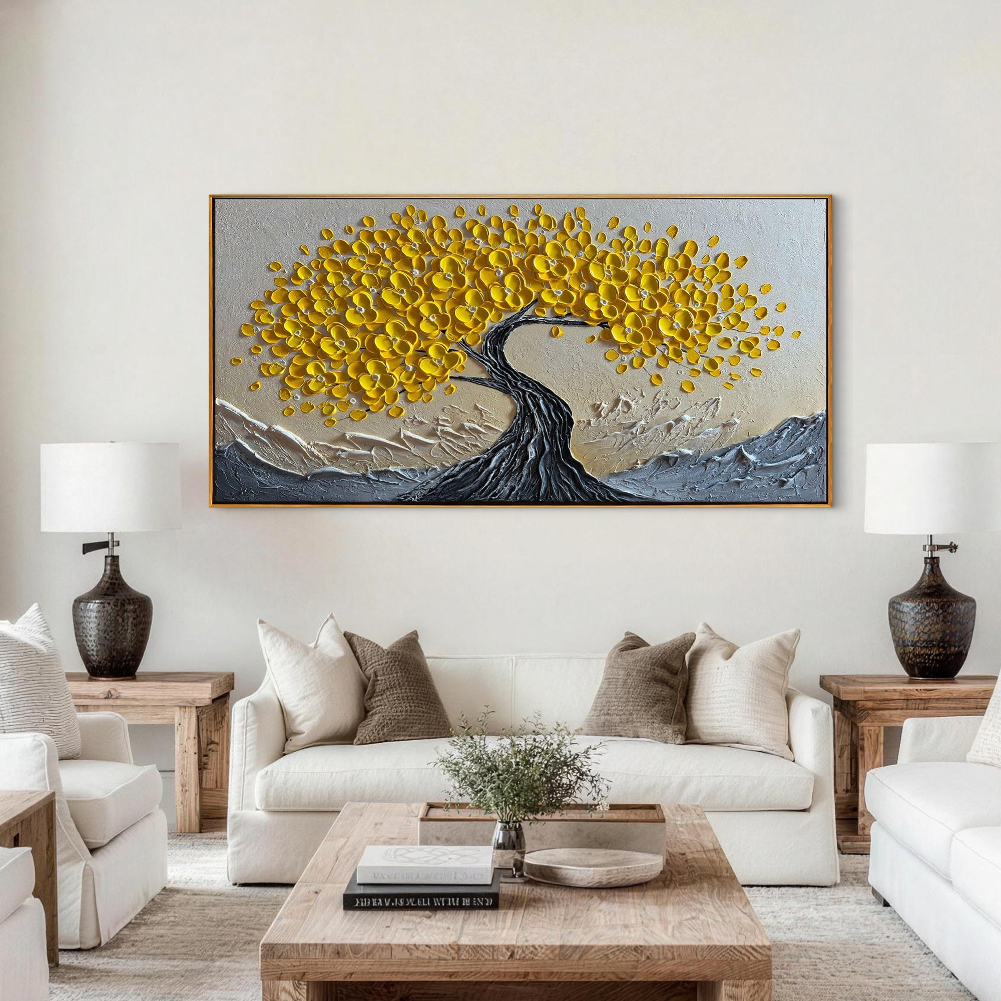 Golden Vigor – Yellow Flower Relief Texture Painting | Modern Luxury Botanical Bedroom & Living Room Art