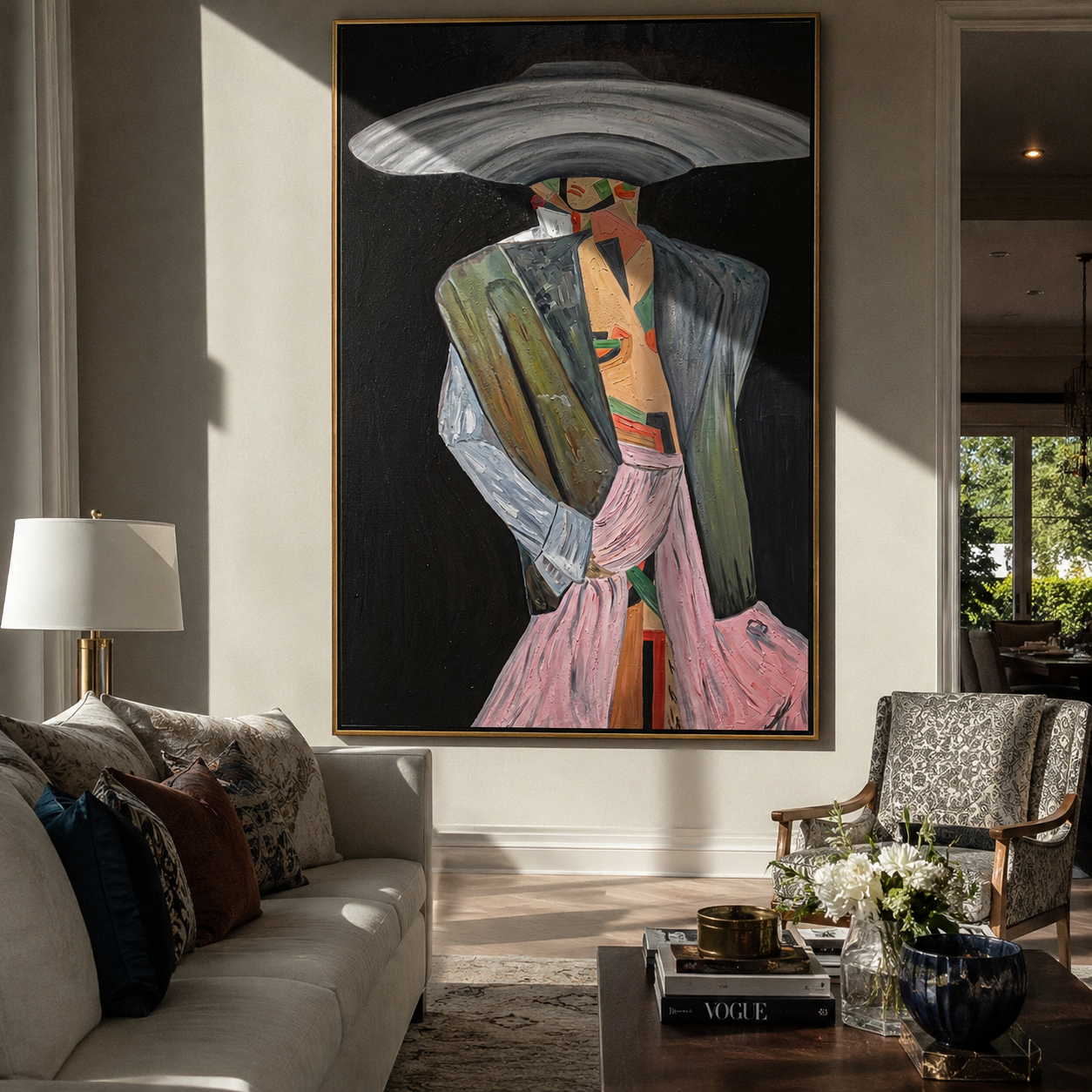 Silver Brim Takes Stage – Gray Fashion Figure Painting | Retro Modern Vertical Wall Art