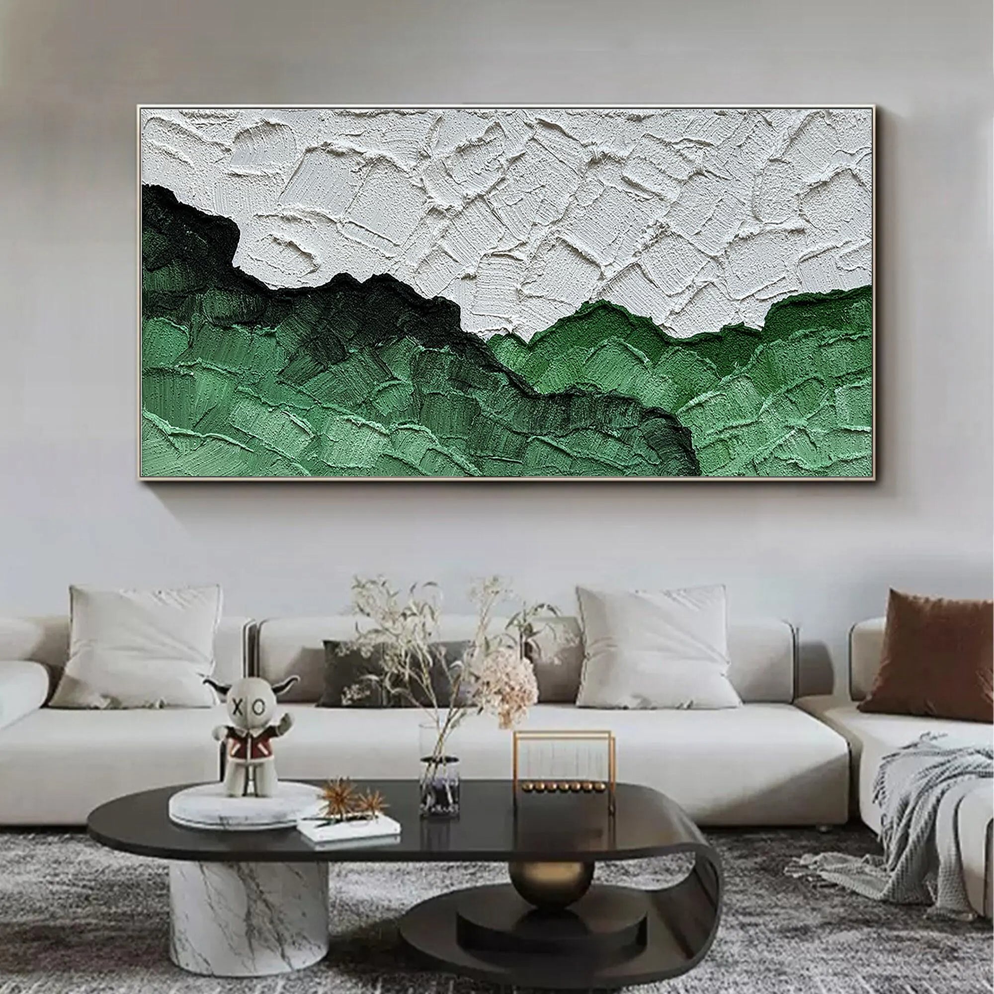 Emerald Ridge – Green & White Relief Abstract Texture Painting | Modern Abstract Living Room & Office Art