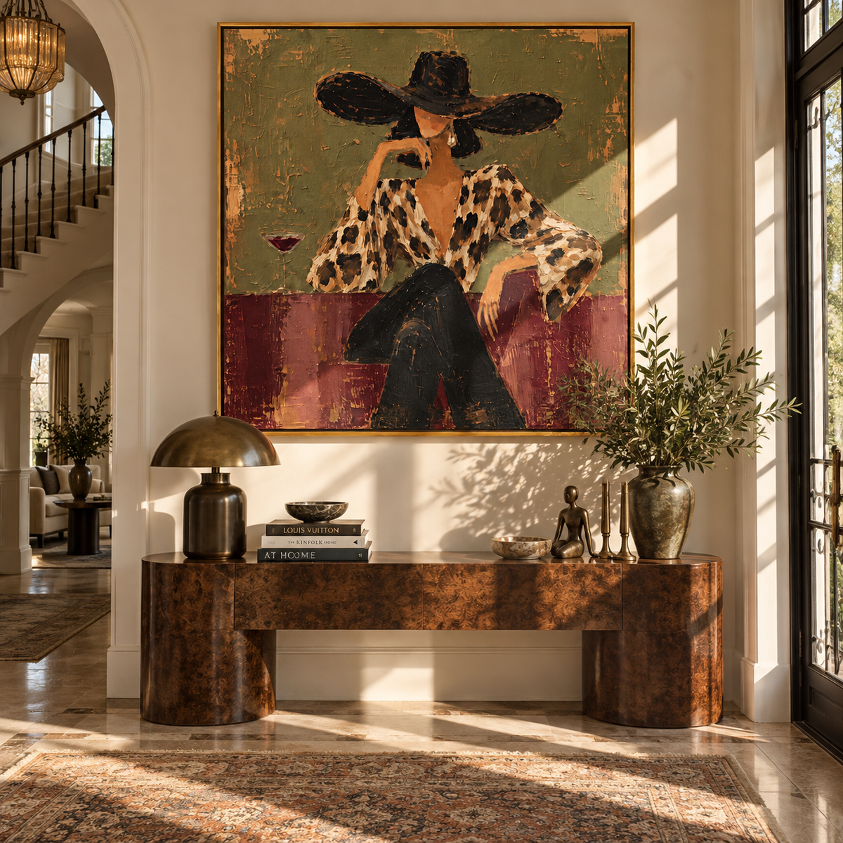 Leopard Blouse Evening Pour – Woman in Leopard Blouse Painting | Retro Fashion Vertical Wall Art
