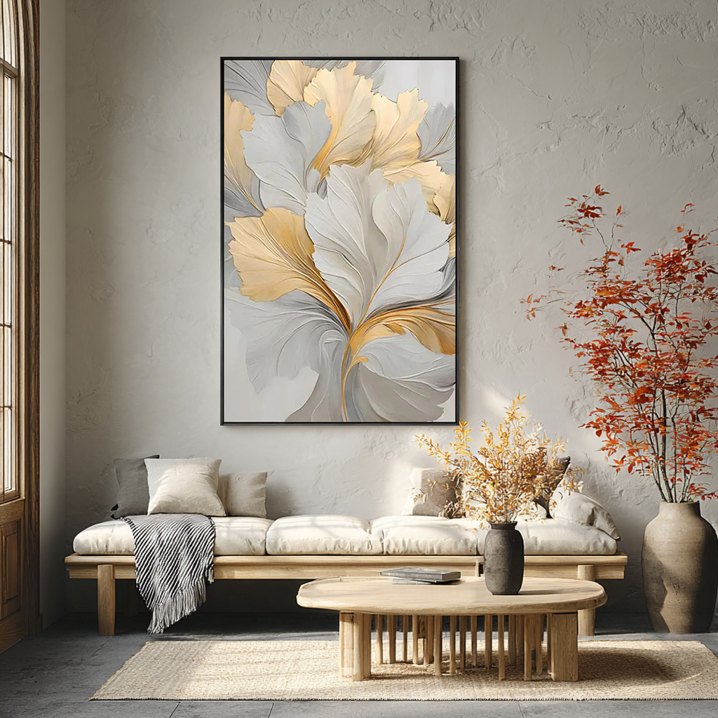 Meadow Bloom – Hand-Painted Minimalist Beige and Rainbow Wildflower Floral Painting | Vibrant Botanical Living Room & Dining Room Art
