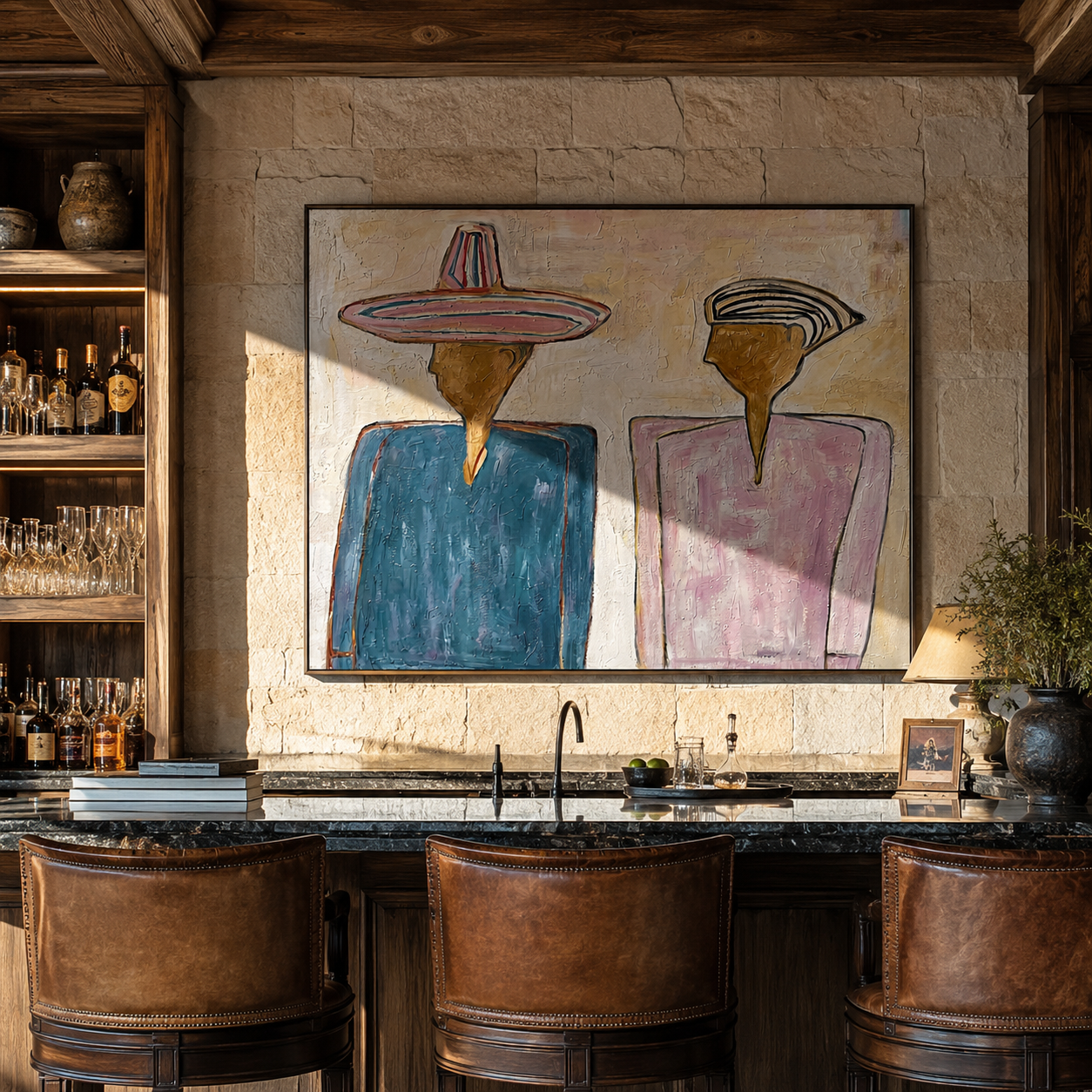 Two Silhouettes Hold Space – Blue Pink Figures Painting | Modern Figurative Horizontal Wall Art