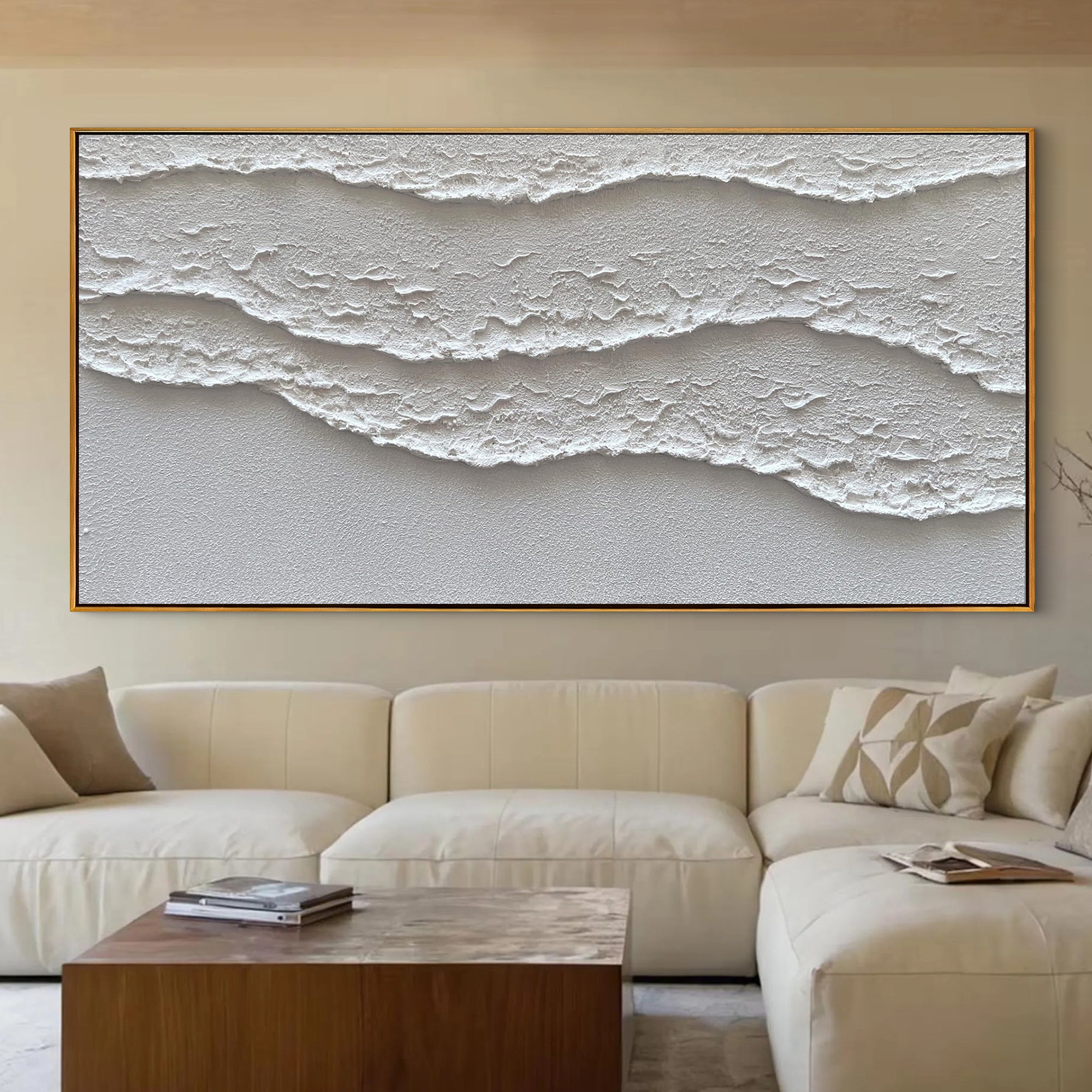 White Crest – 3D Linear Wave Relief Abstract Minimalist Painting | Modern Minimalist Bedroom & Home Office Art