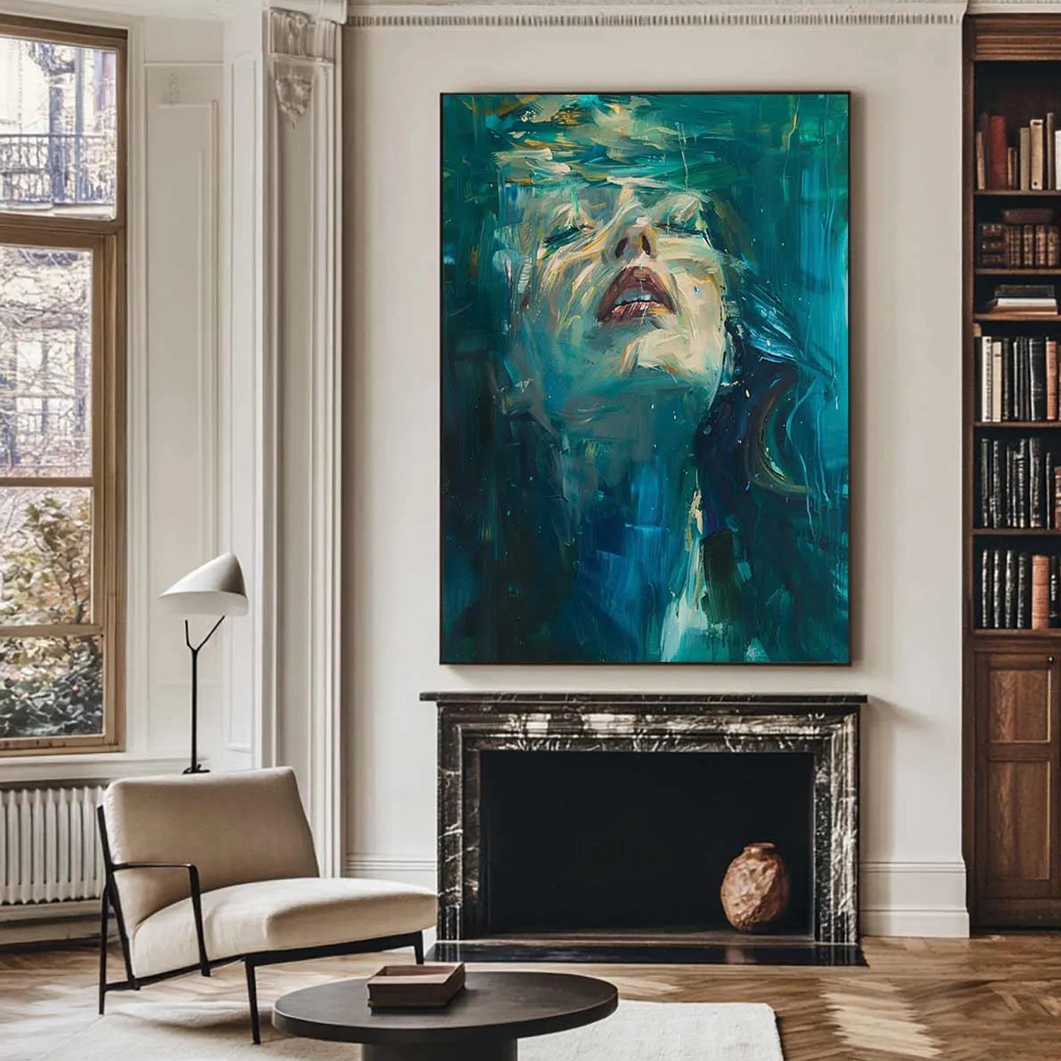 Aquatic Reverie – Hand-Painted Underwater Woman Figure Teal Blue Abstract Textured Oil Portrait Painting | Contemporary Expressionist Living Room & Office Art