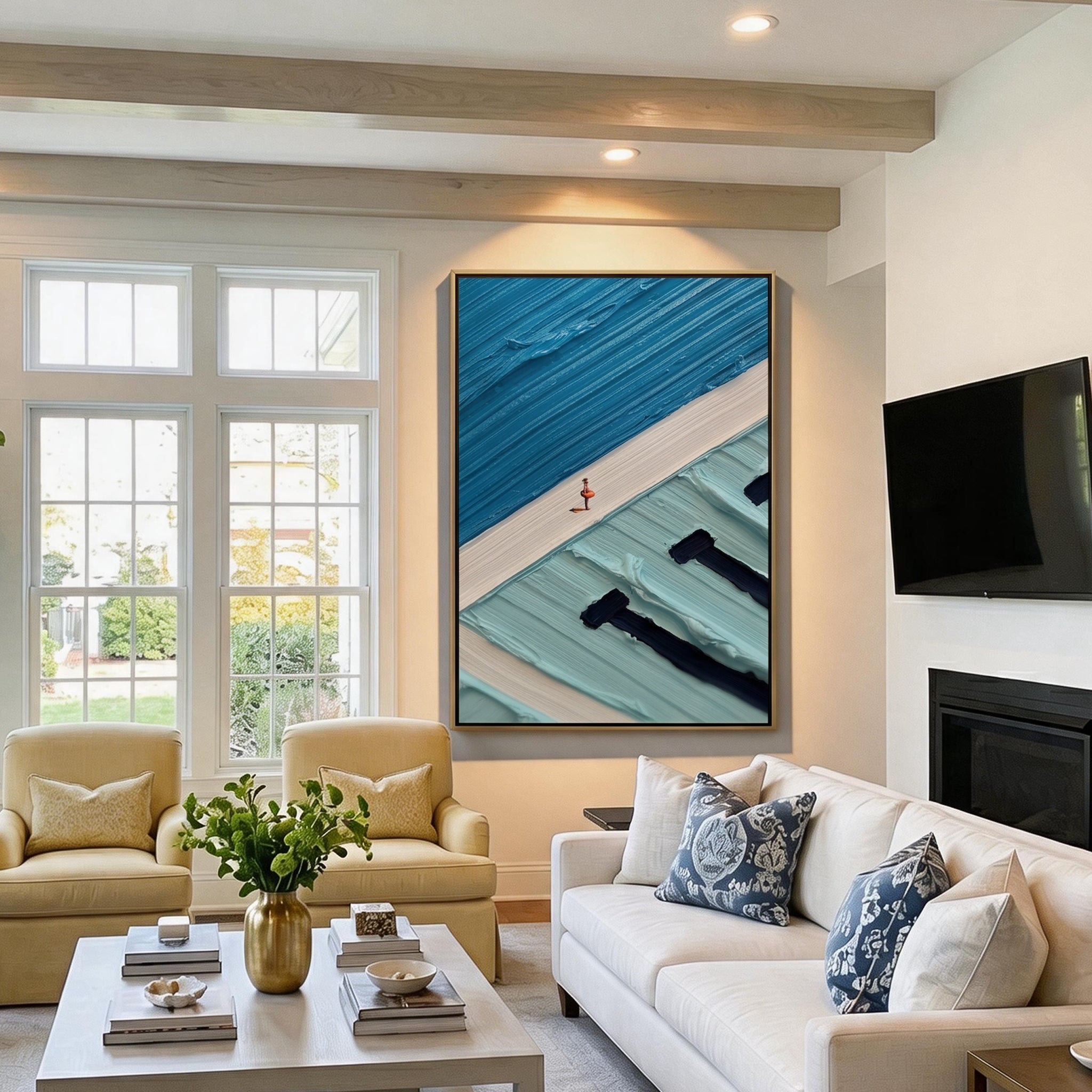 Infinite Azure – Modern Narrative Heavy Impasto Painting | Creative Summer Pool Themed Hallway Art