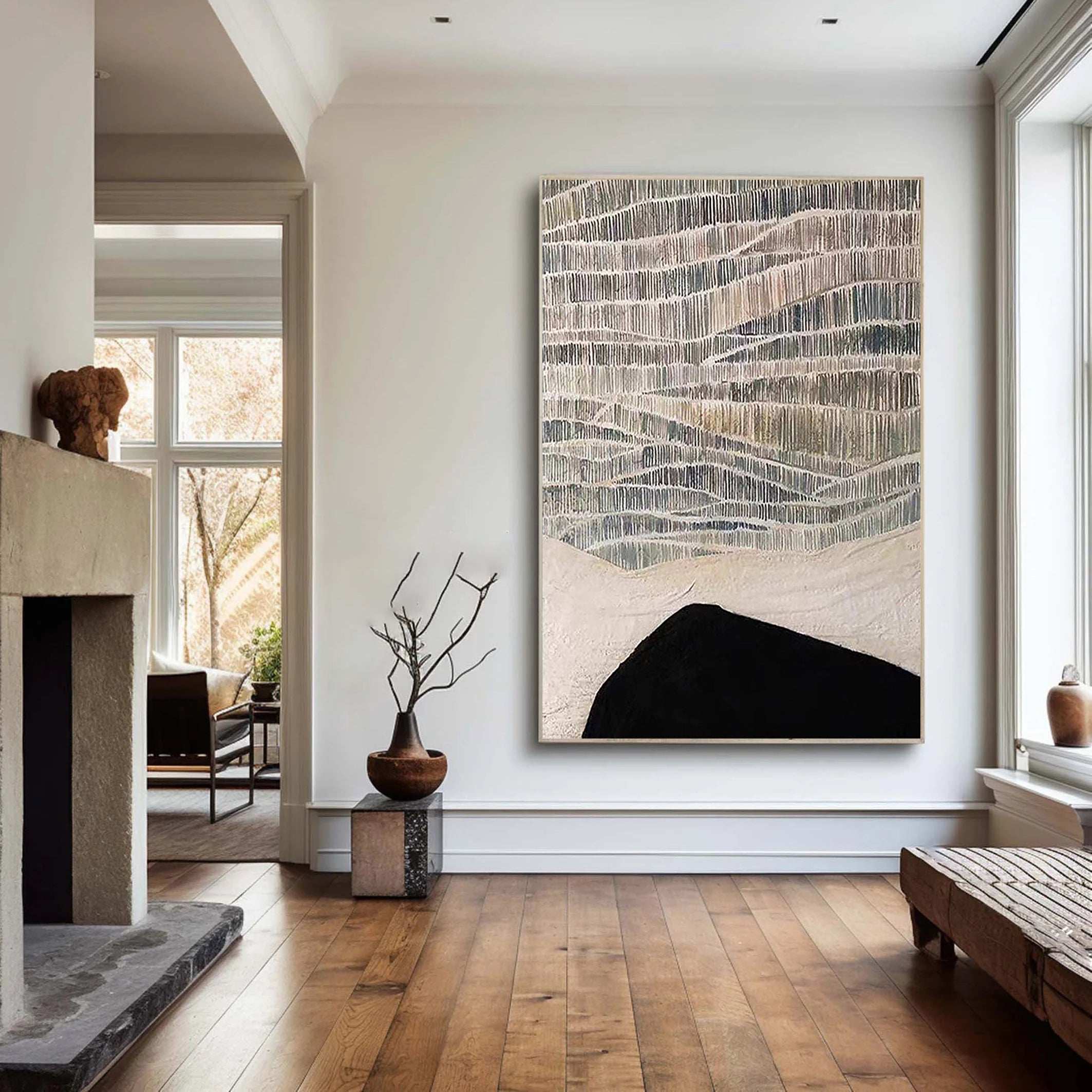 Silent Hill – Wabi-Sabi Style Black-and-White Minimalist Painting | Modern Abstract Living Room Art