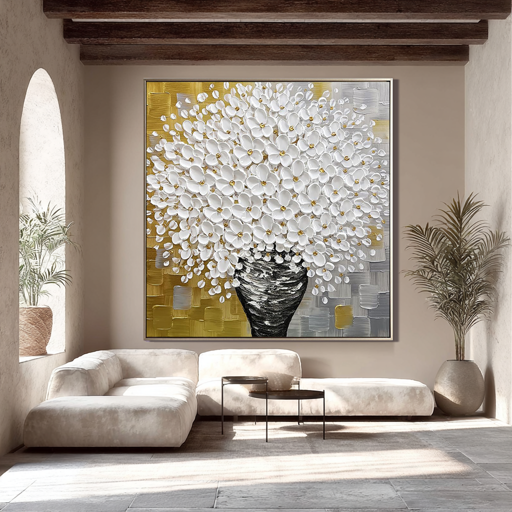 Golden Harvest – Luxury Gold and Grey Floral Relief Floral Painting | Modern Luxury Botanical Bedroom & Living Room Art