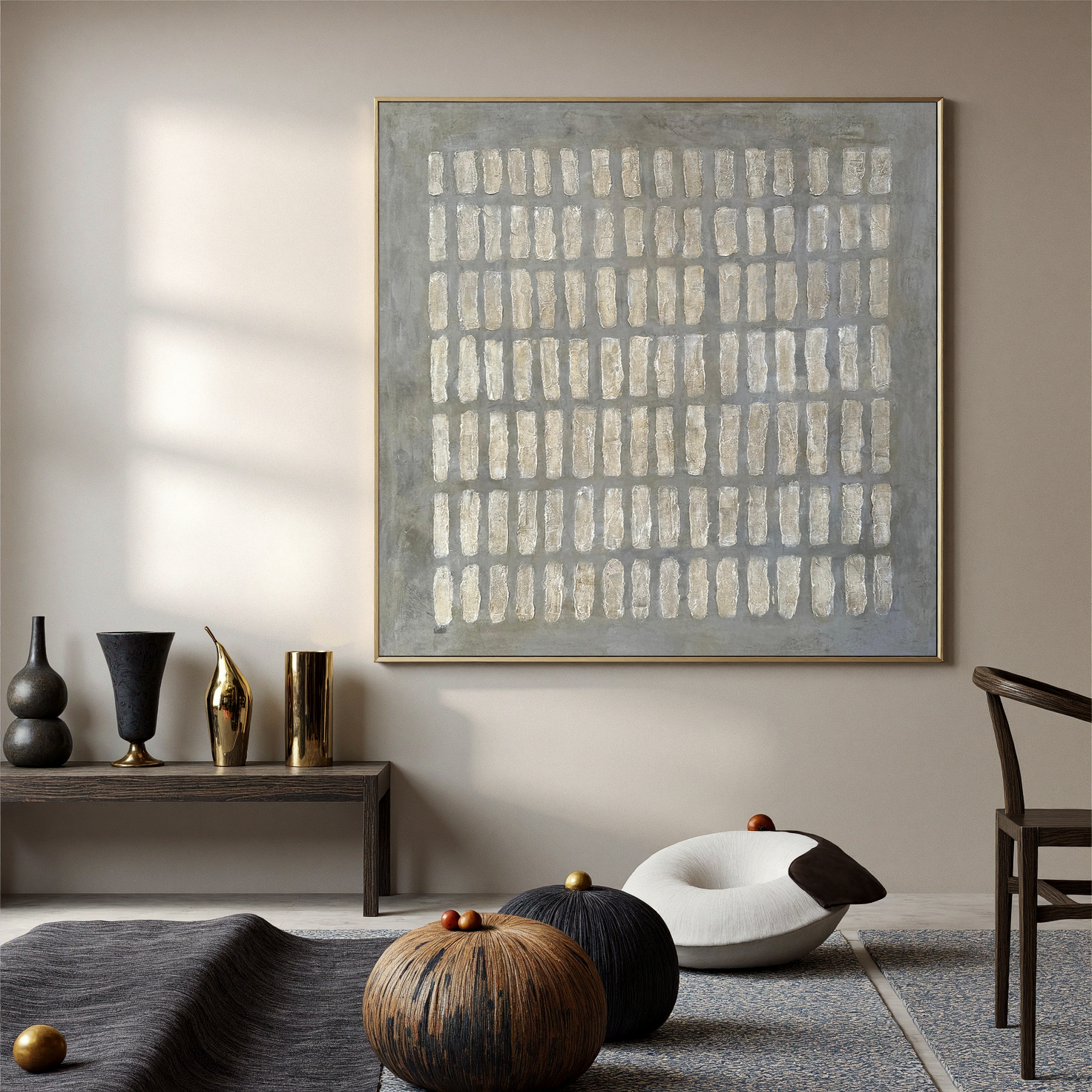 Stone Echo – Wabi-Sabi Slate Grey Minimalist Grid Painting | Modern Geometric Textured Hallway Art