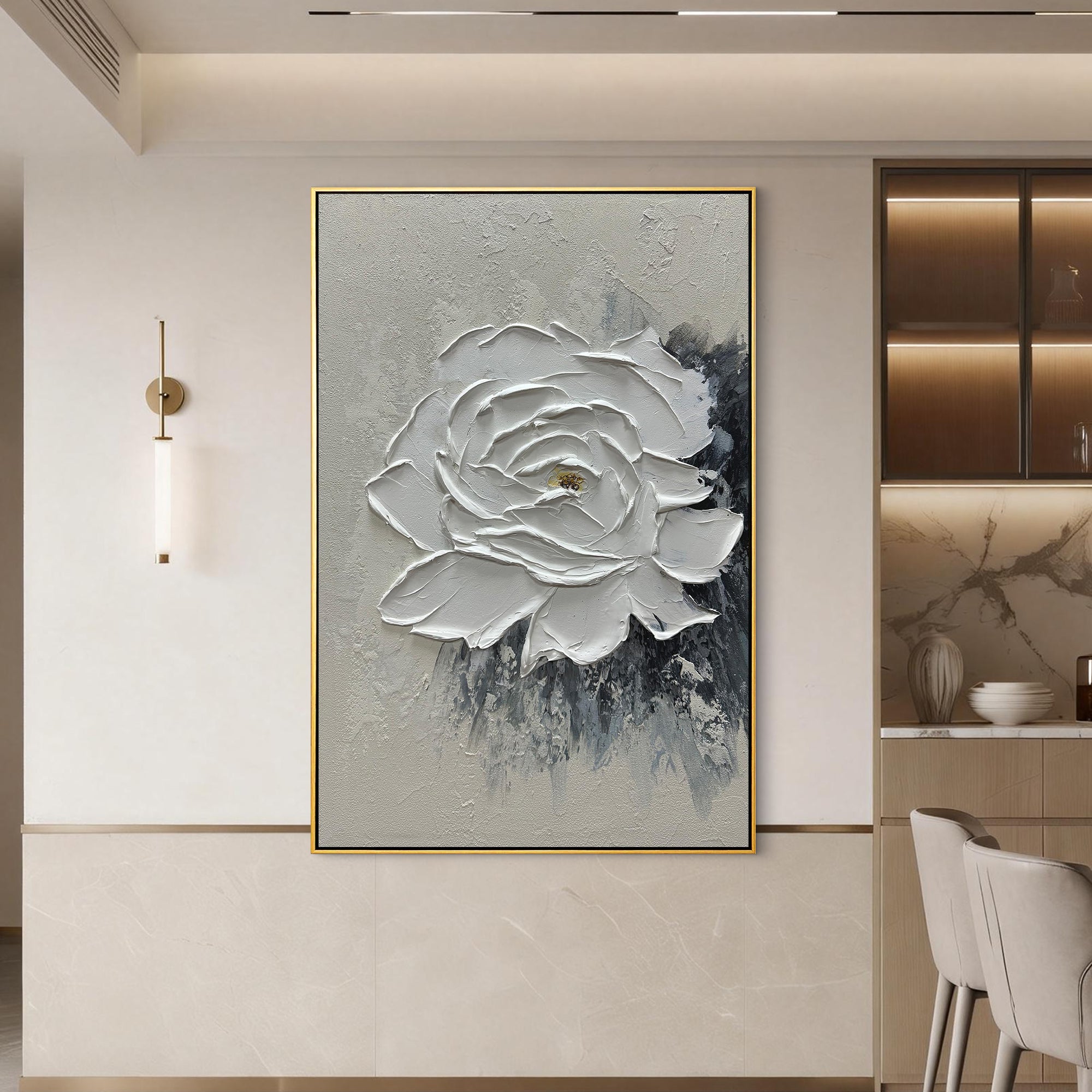 VANILLA SCULPT: 3D Heavy Texture White Rose Wall Art, Modern Plaster Relief Floral Painting