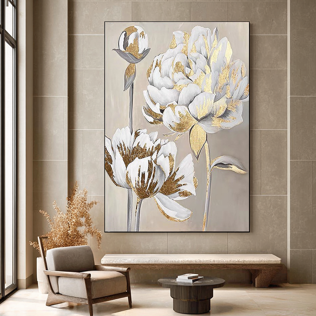 GOLDEN PEONY: Floral Wall Art, Hand-Painted Off-White and Gold Foil 3D Relief Plaster Effect Gallery Art