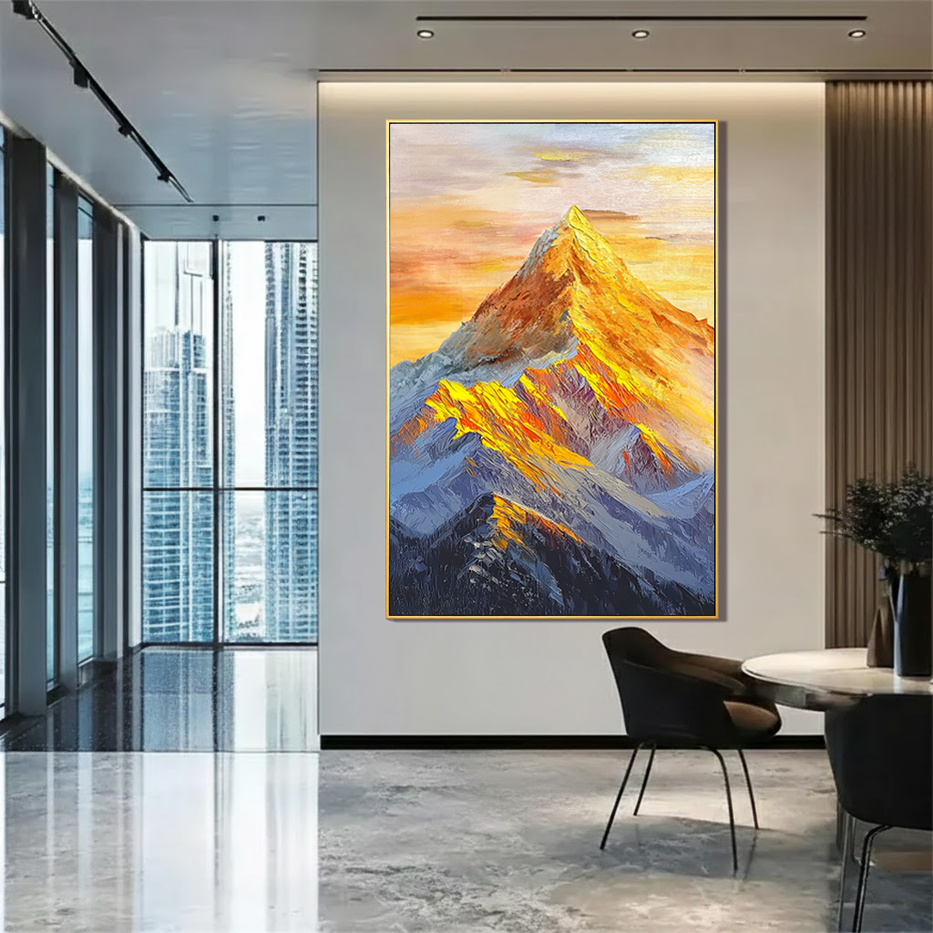 The Gilded Pinnacle – Contemporary Golden Hour Mountain Peak Painting | Vibrant Impasto Hallway Art