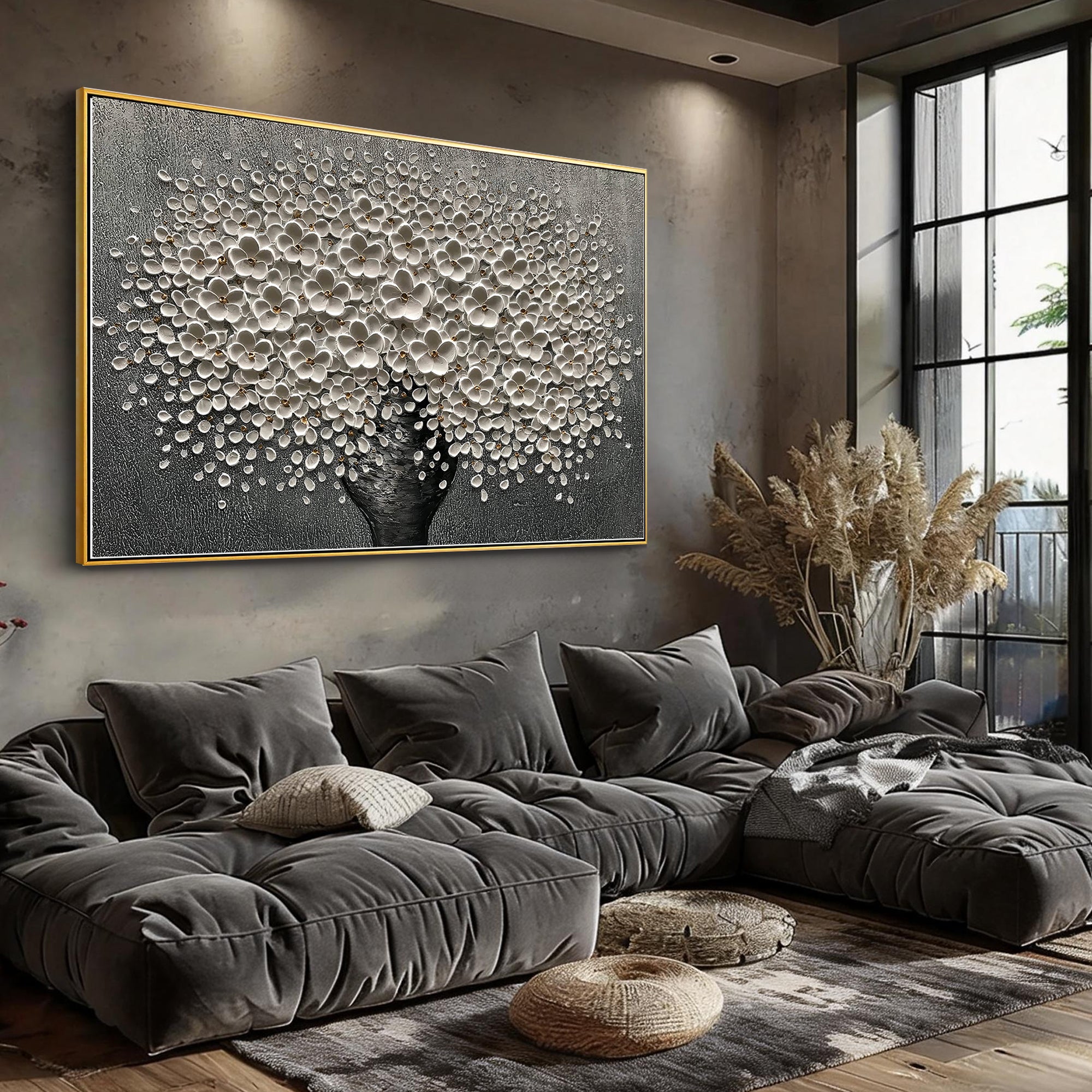 Stellar Abundance – Modern Heavy Impasto Floral Vase Painting | Luxury Horizontal Living Room Art
