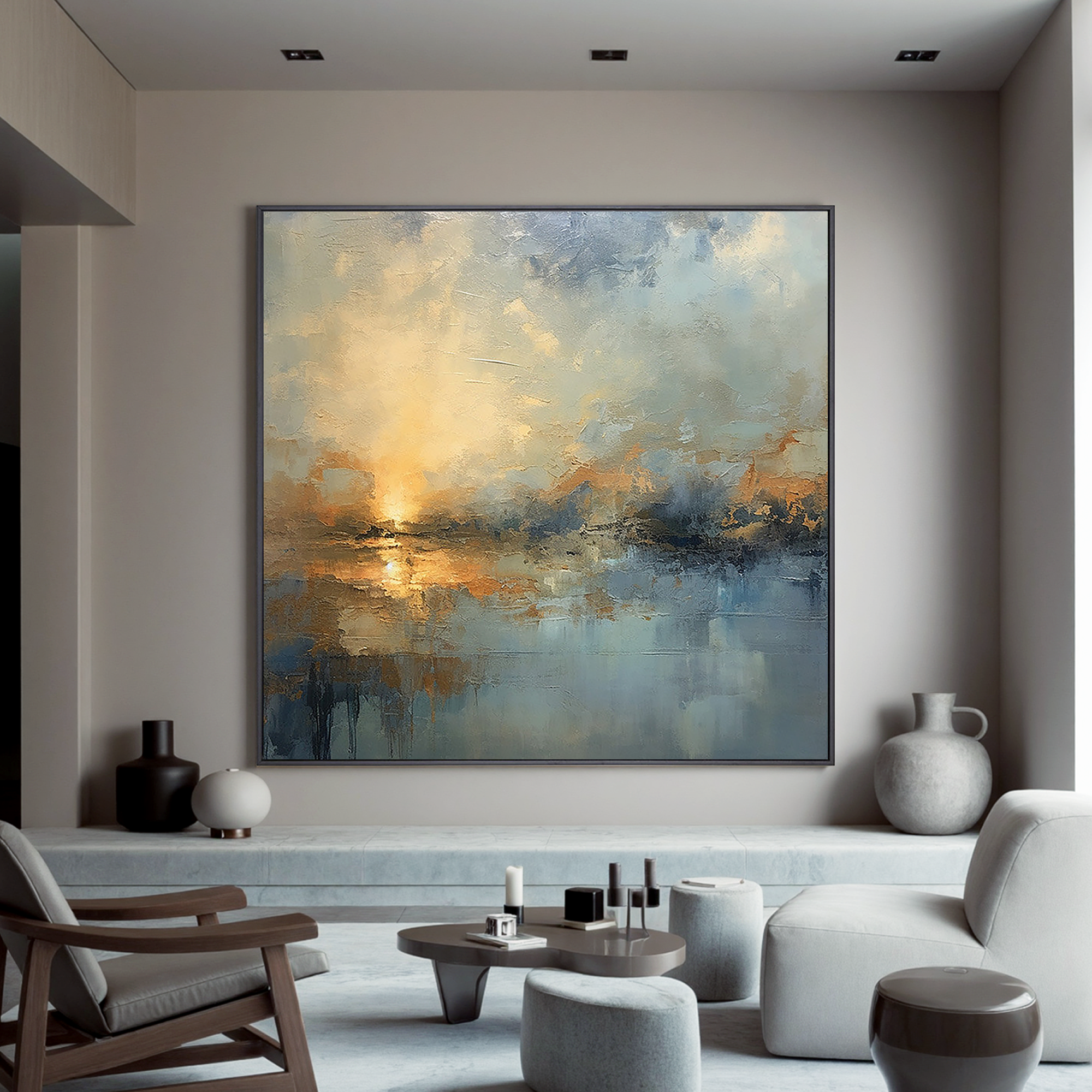 Dawn of Serenity – Modern Impressionist Blue & Gold Painting | Abstract Landscape Dining Room Art