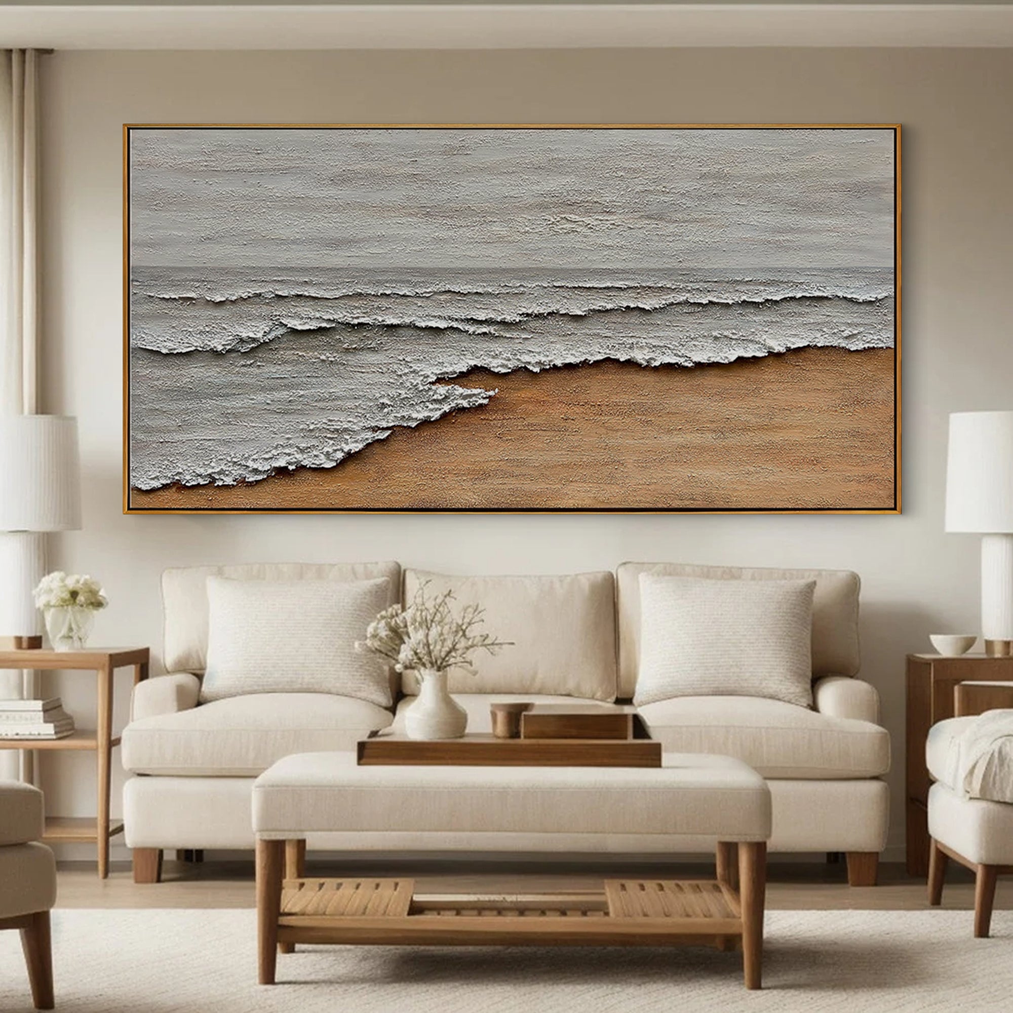 Coastal Echo – Wabi-Sabi Sand and Wave Relief Abstract Painting | Contemporary Landscape Living Room & Dining Room Art