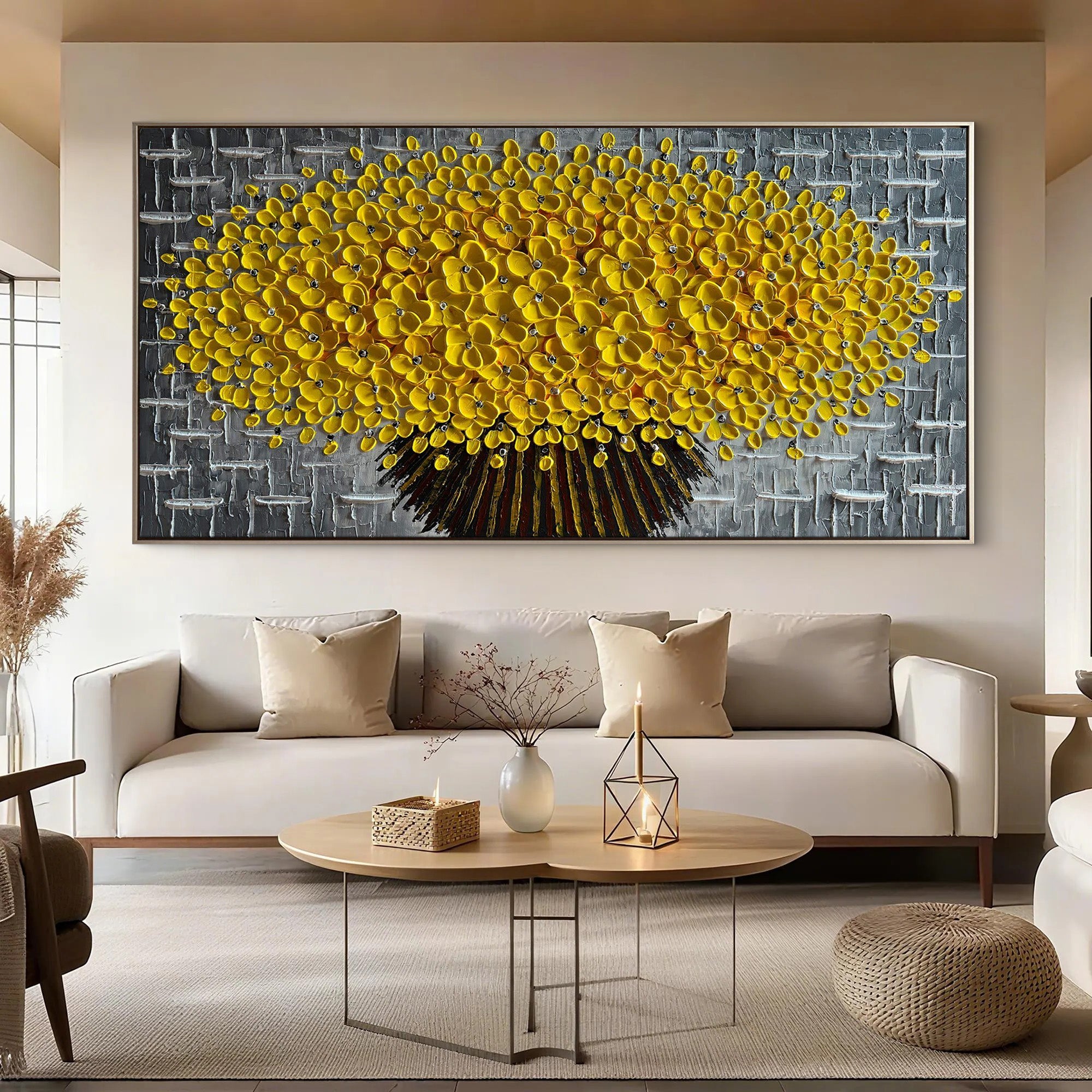 Golden Glow – Luxury Yellow Flower Tree Relief Floral Painting | Modern Luxury Botanical Bedroom & Living Room Art