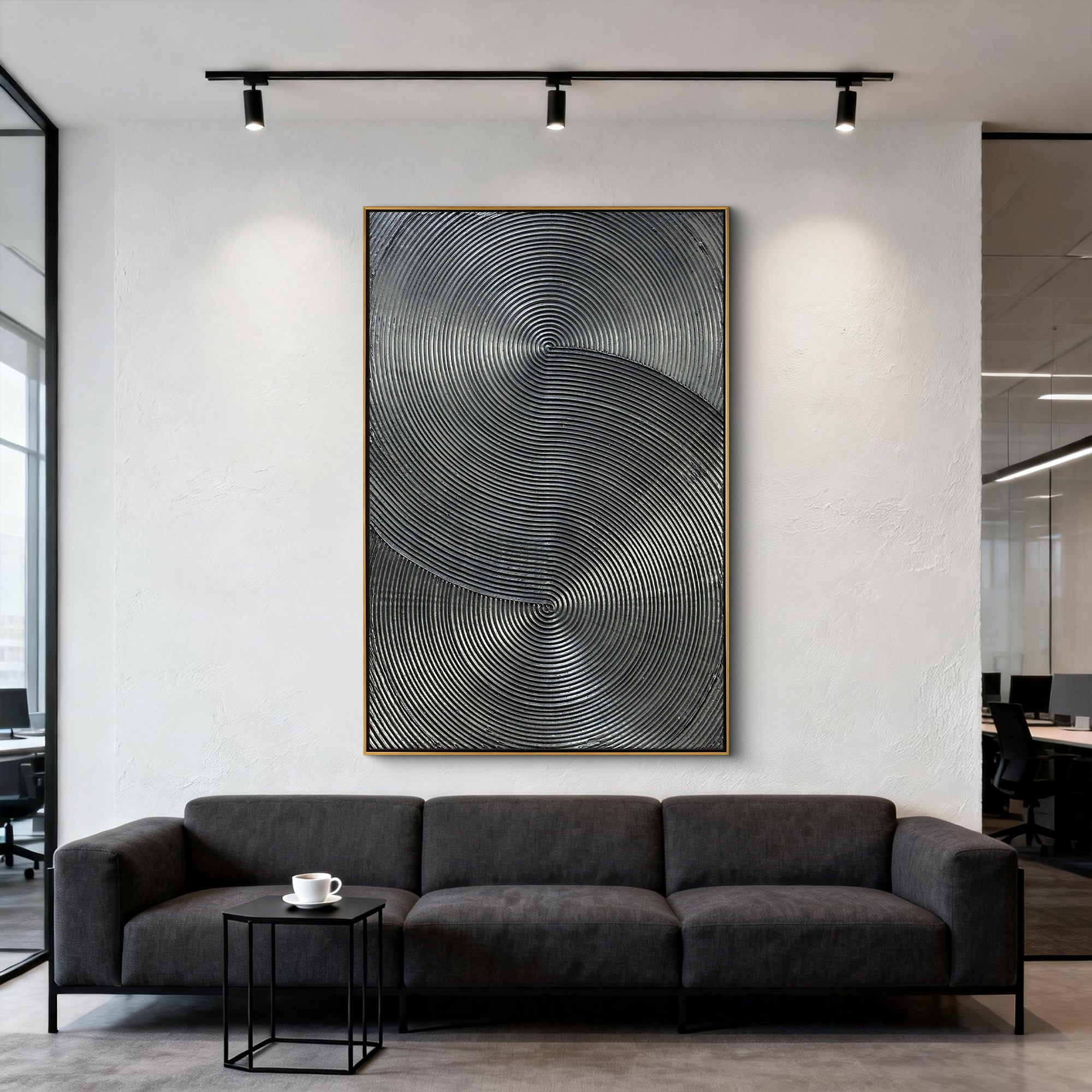 Obsidian Echo – Minimalist Dark Charcoal Textured Art | Modern Industrial Geometric Living Room Art