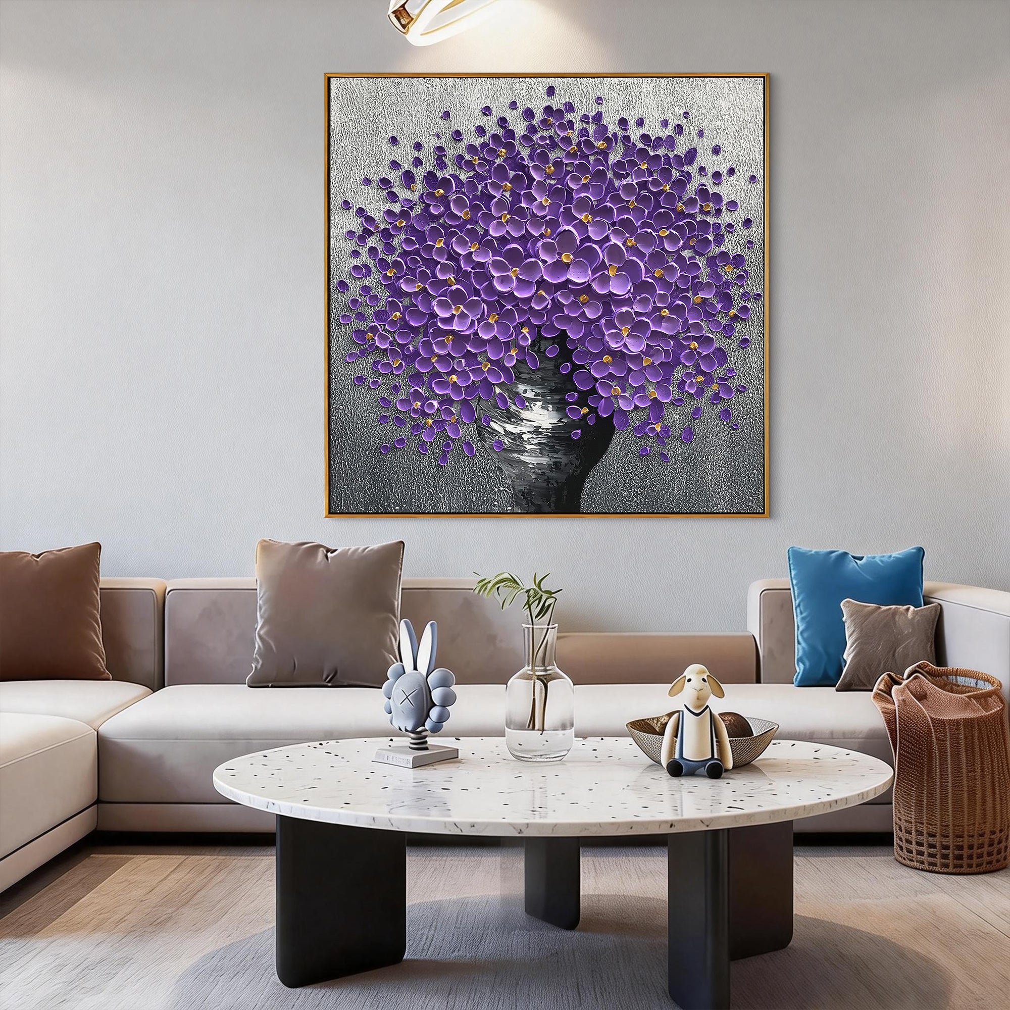 Violet Sphere – Modern Floral Bouquet Relief Floral Painting | Contemporary Botanical Bedroom & Living Room Art