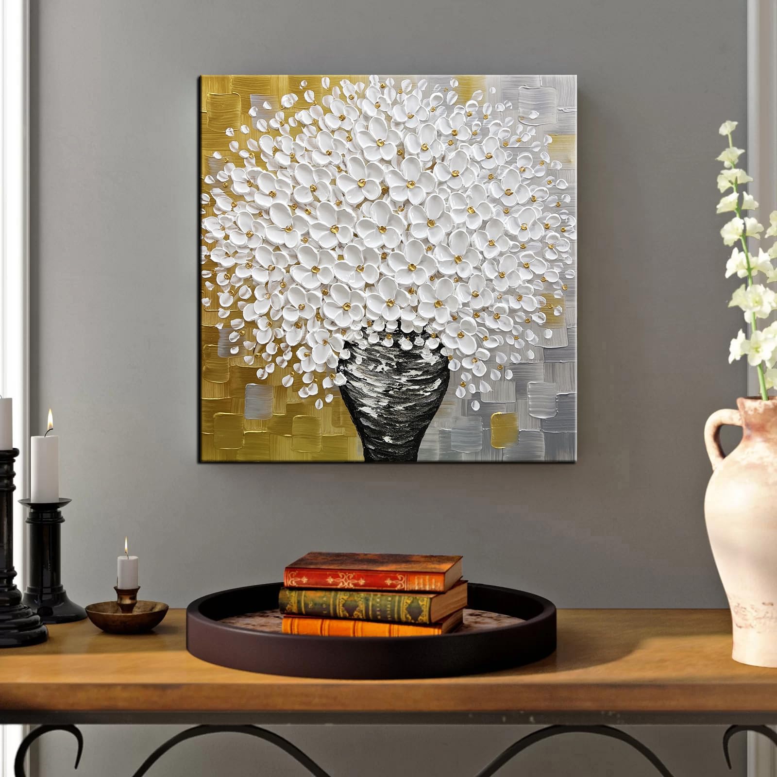 Golden Harvest – Luxury Gold and Grey Floral Relief Floral Painting | Modern Luxury Botanical Bedroom & Living Room Art