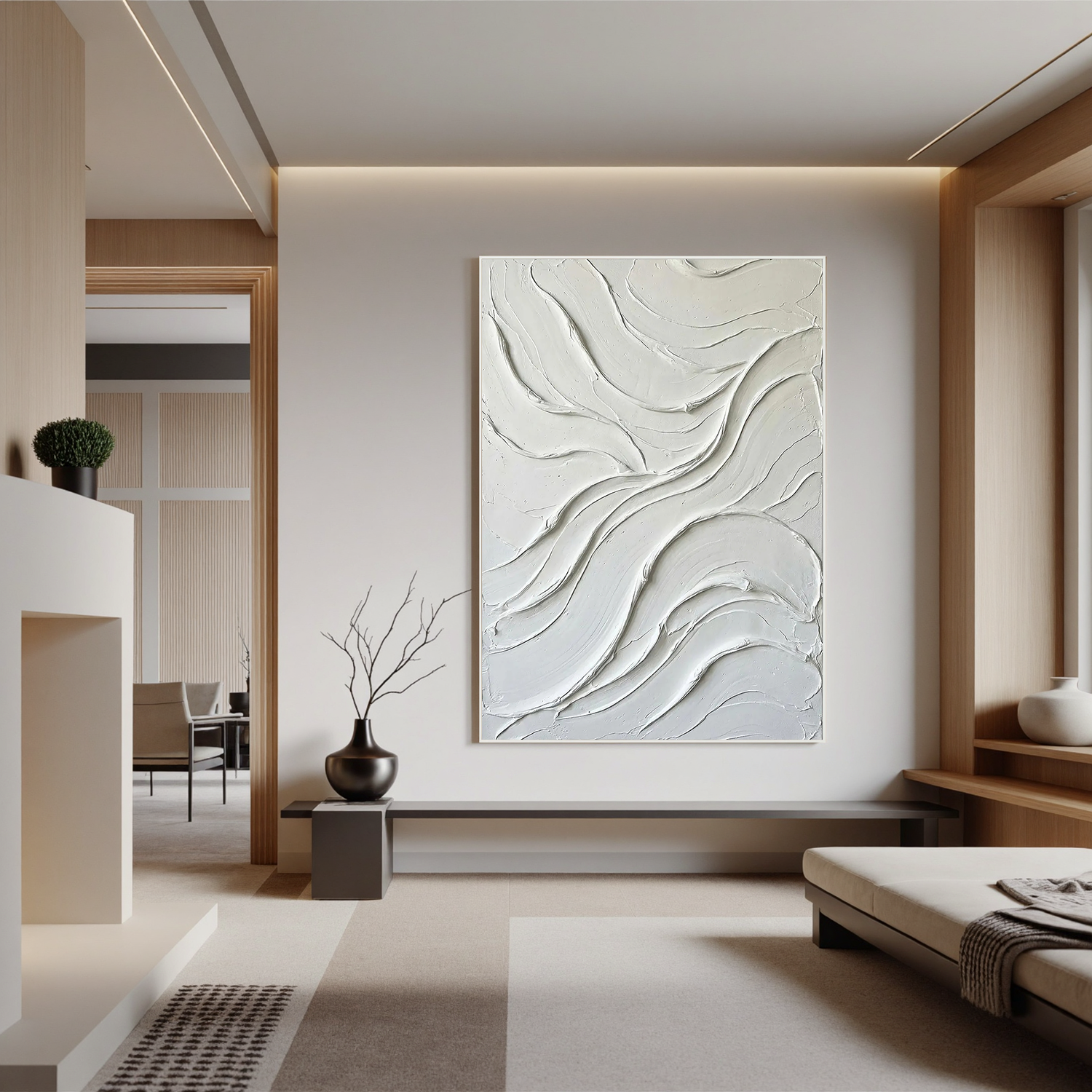 Fluid Harmony – Minimalist Wave Textured Painting | Modern Cream Style Plaster Line Bedroom Art