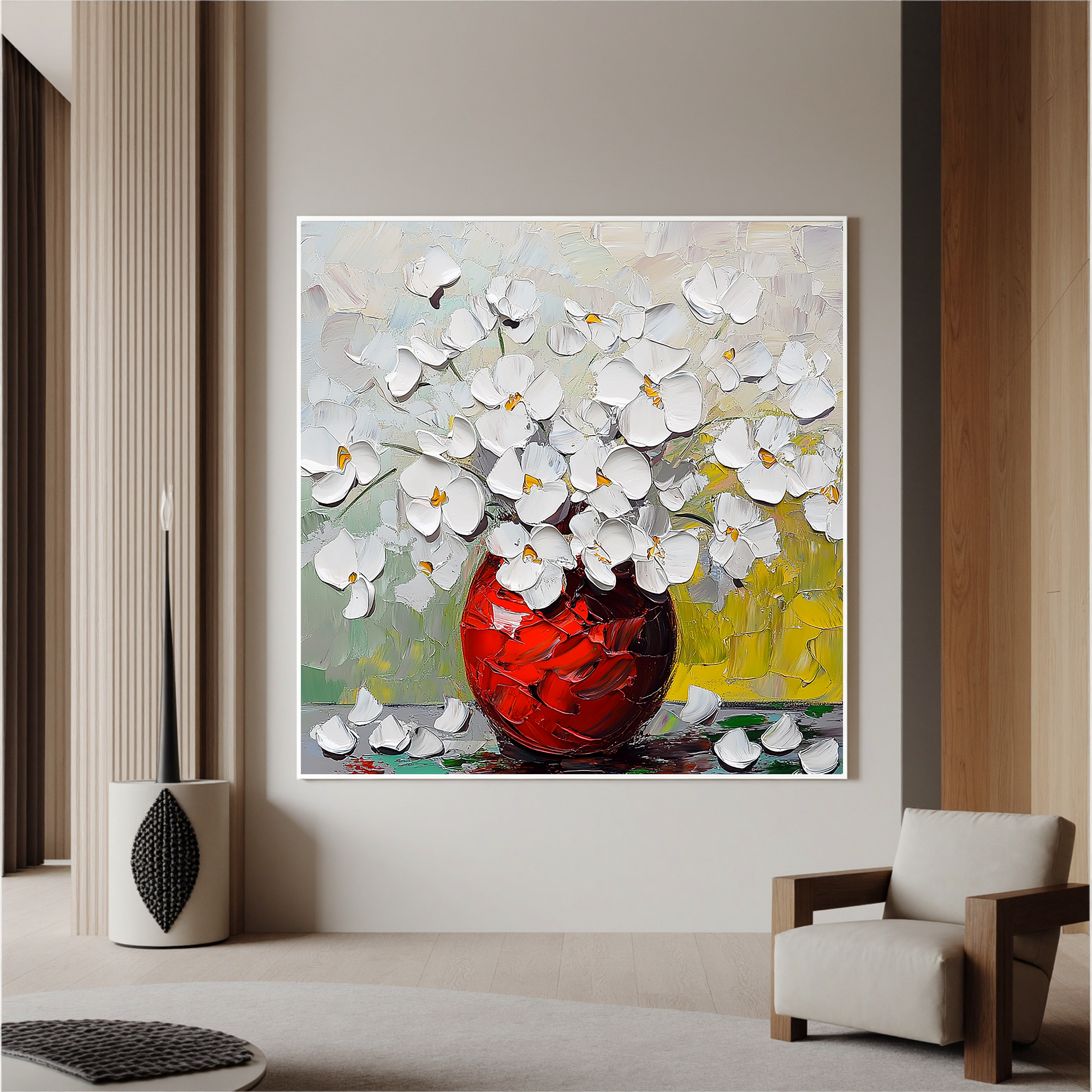 Crimson Radiance – Modern Textured White Floral Painting | Luxury Red Vase Impressionist Hallway Art