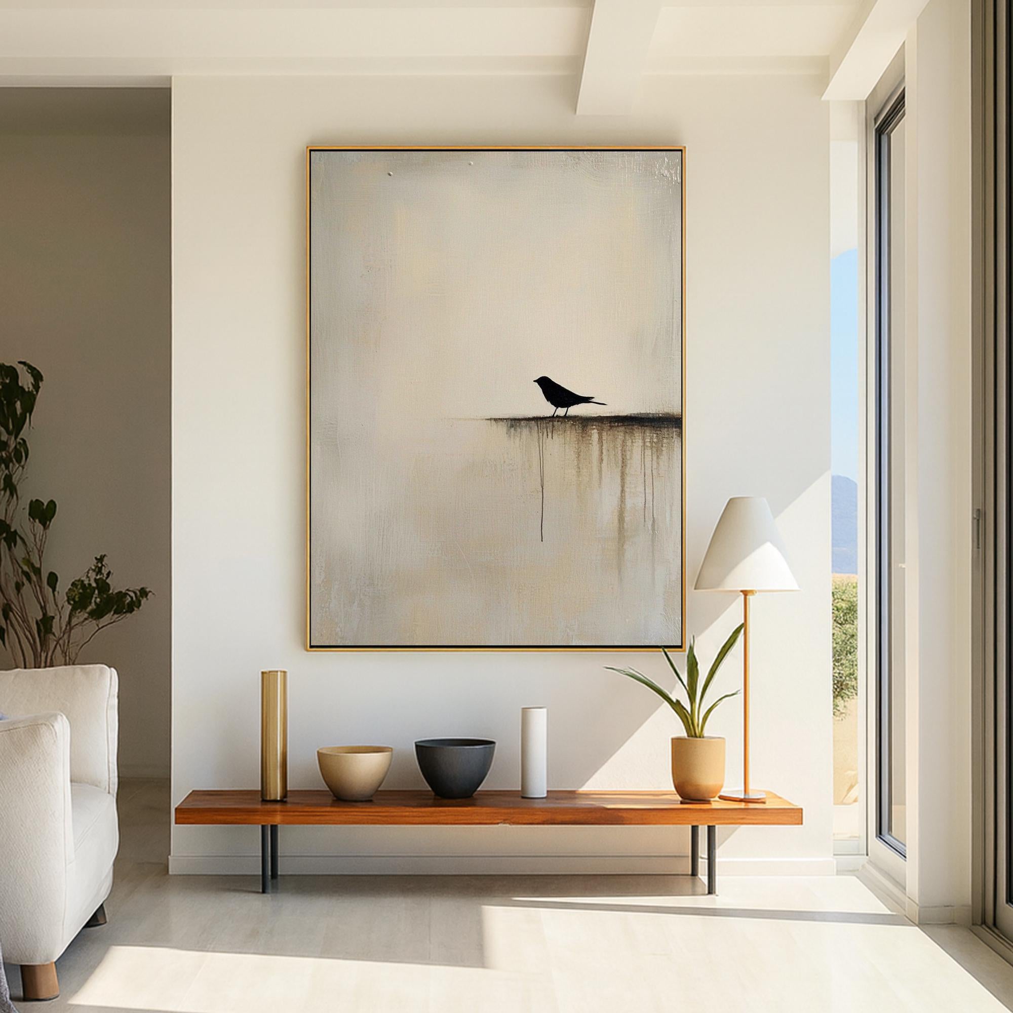 The Silent Roost – Wabi-Sabi Minimalist Solitary Bird Painting | Modern Warm Grey Home Office Art