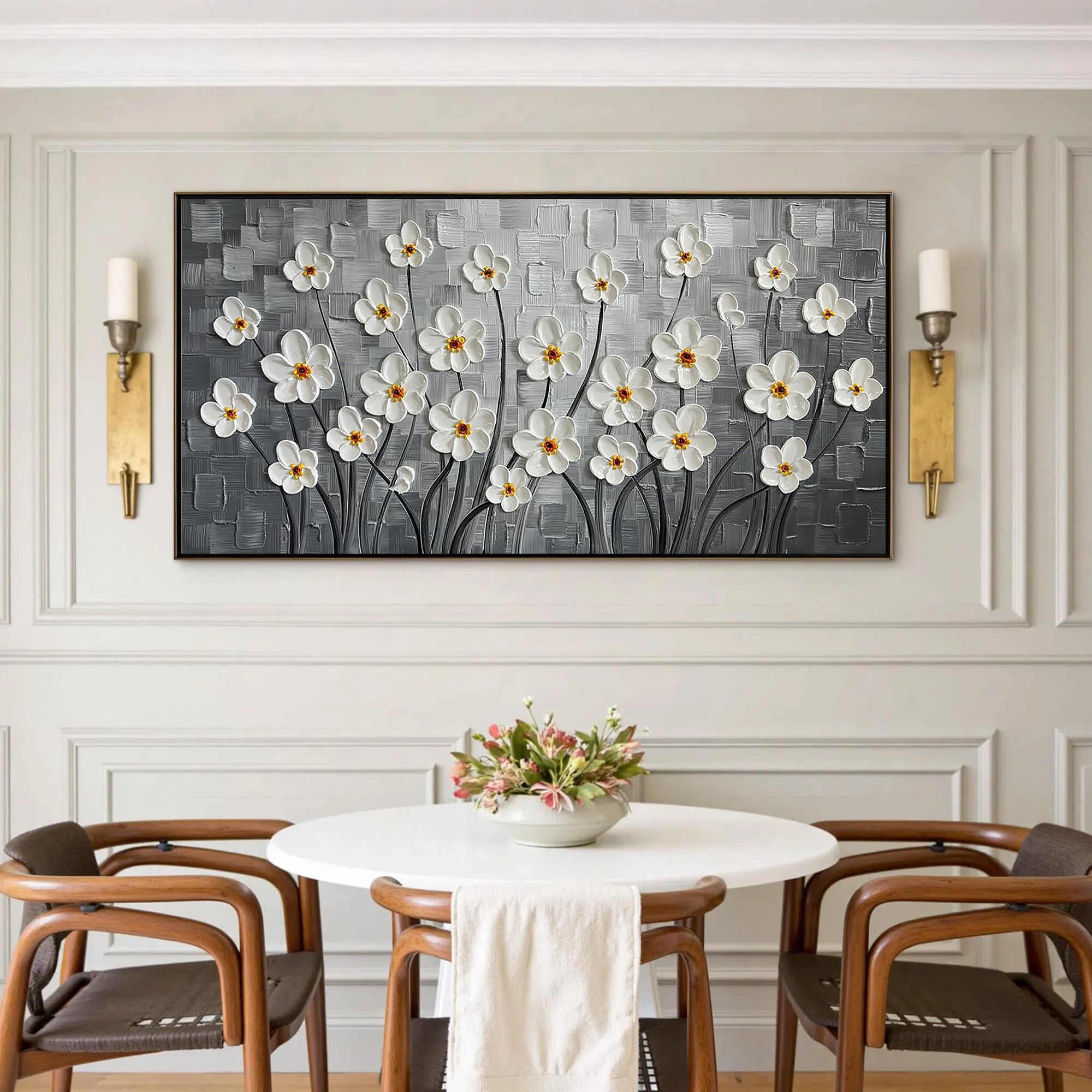 Silver Bloom – White Flower Relief Floral Painting | Contemporary Botanical Bedroom & Living Room Art