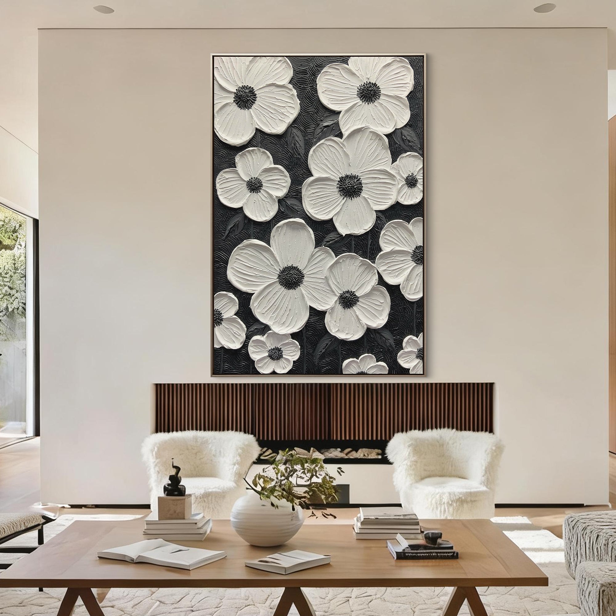 Stark Petals – Sculptural Monochrome Canvas | Ultra-Modern High-Contrast Statement Living Room Art