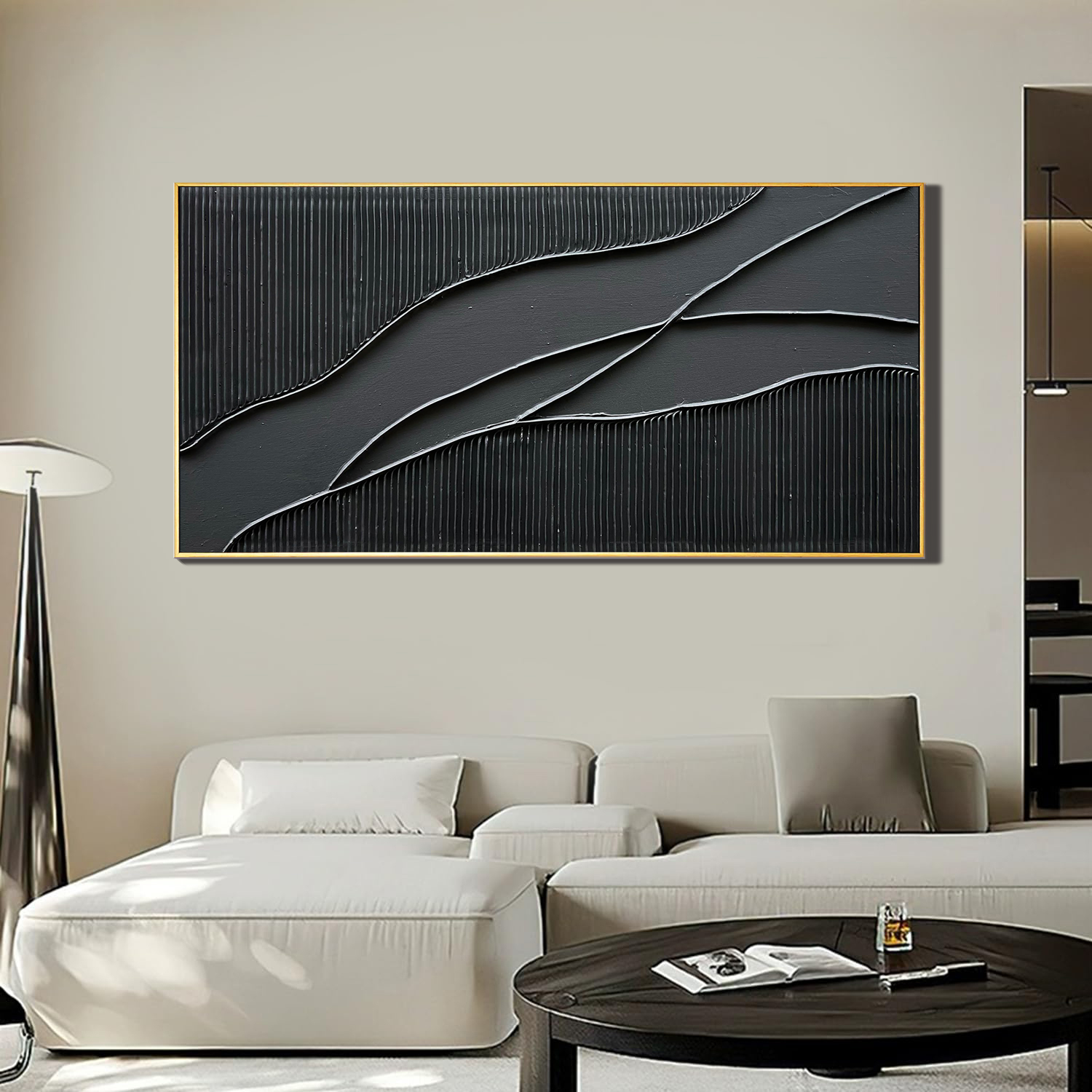 Obsidian Flow – Modern 3D Linear Abstract Minimalist Painting | Bold Minimalist Bedroom & Home Office Art