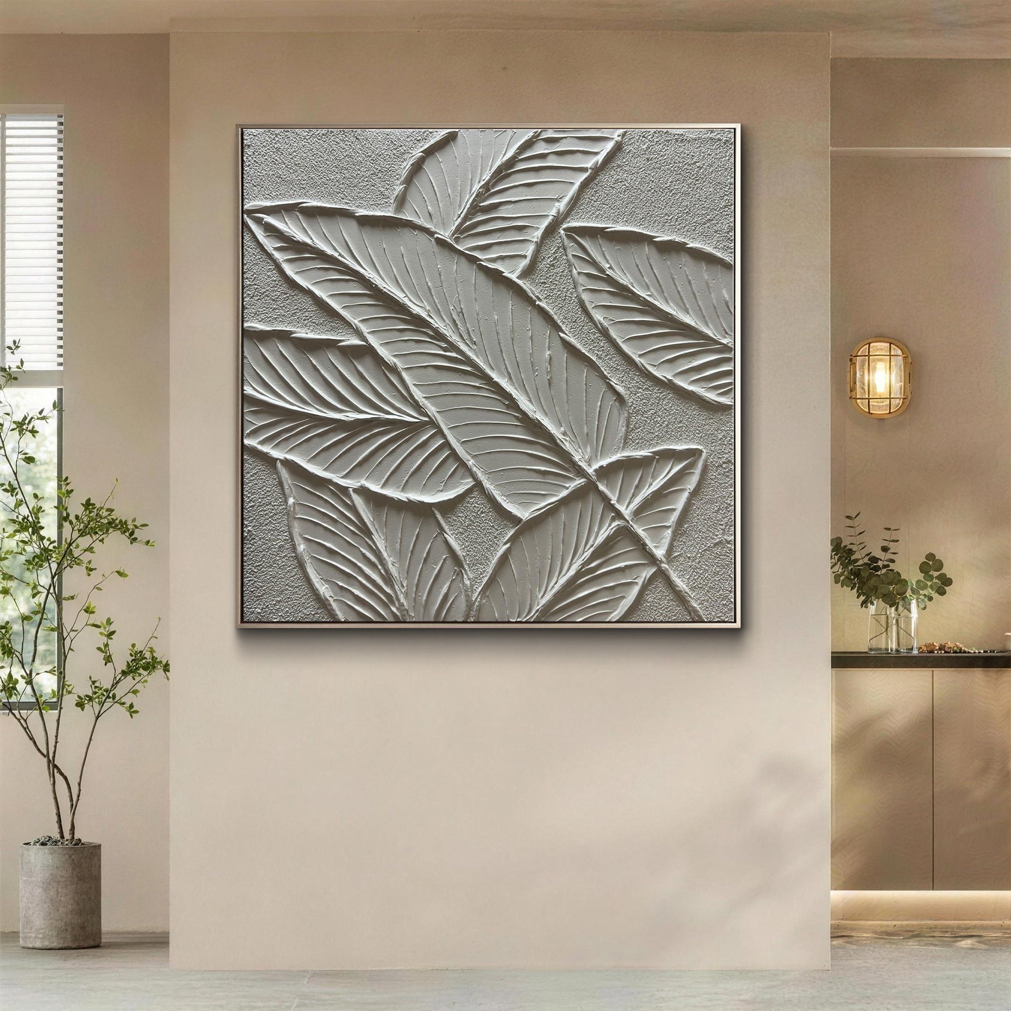 Tropical Repose – White Plaster Foliage Relief Texture Painting | Contemporary Botanical Bedroom & Living Room Art