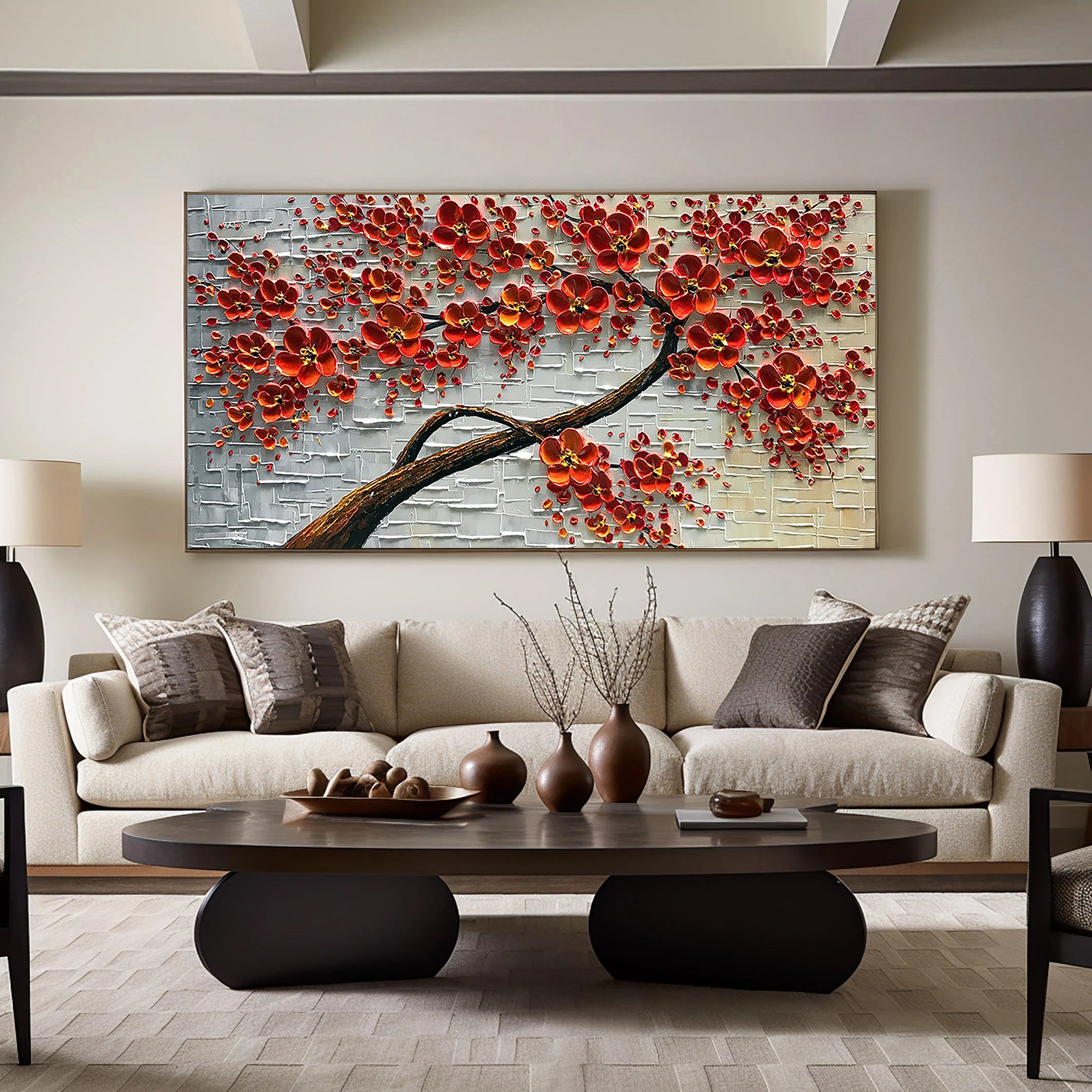 Crimson Blossom – Red Flower Tree Relief Floral Painting | Contemporary Botanical Bedroom & Living Room Art