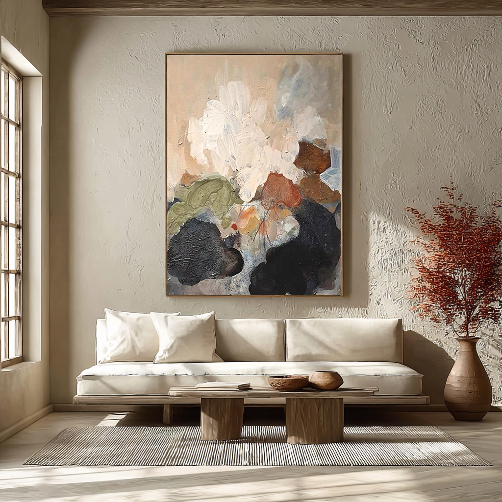 Earthen Bloom – Wabi-Sabi Impasto Abstract Painting | Primitive Vintage Entryway Art
