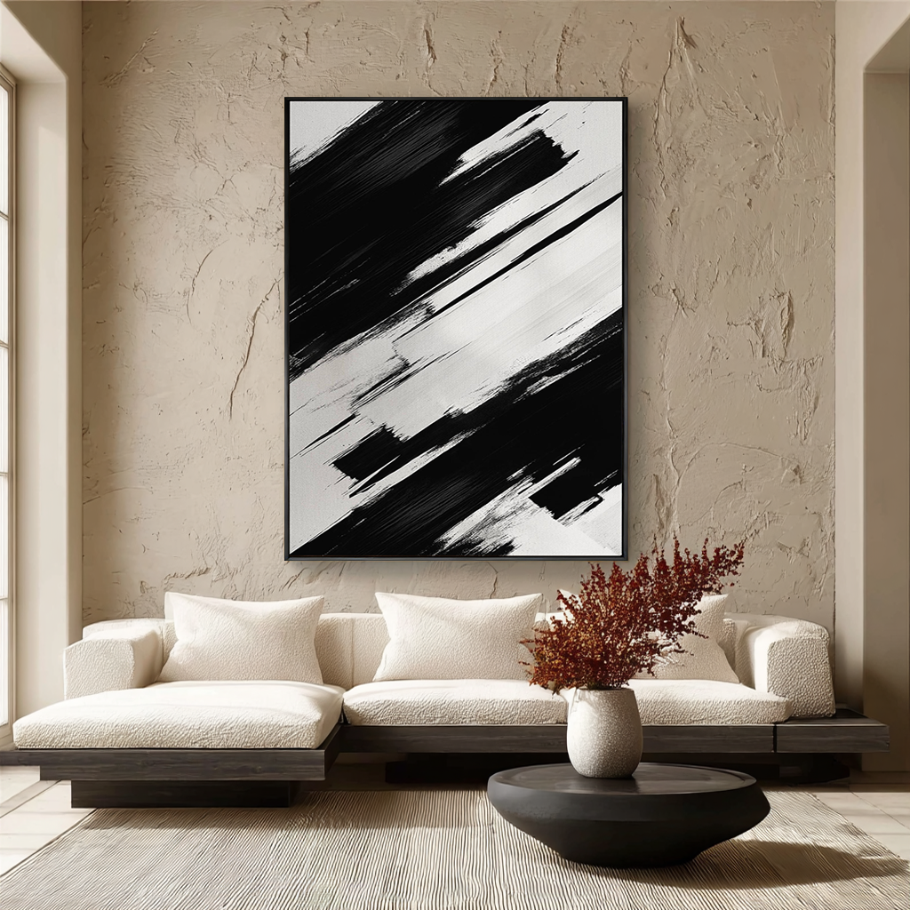 STRIKING NOIR: Bold Black & White Abstract Painting, Heavy Texture Industrial Wall Art
