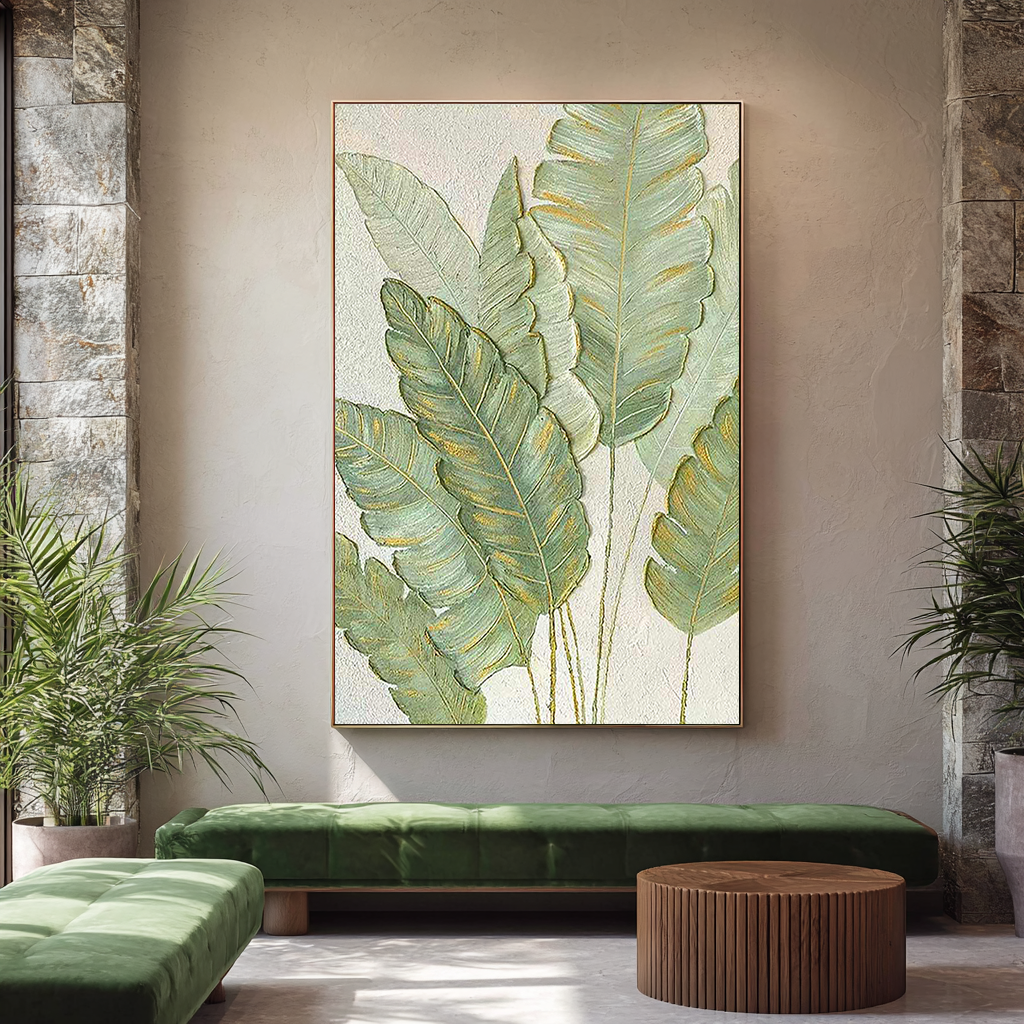Emerald Whisper – Left-Facing Botanical Relief with Gold Edges Texture Painting | Modern Luxury Botanical Bedroom & Living Room Art