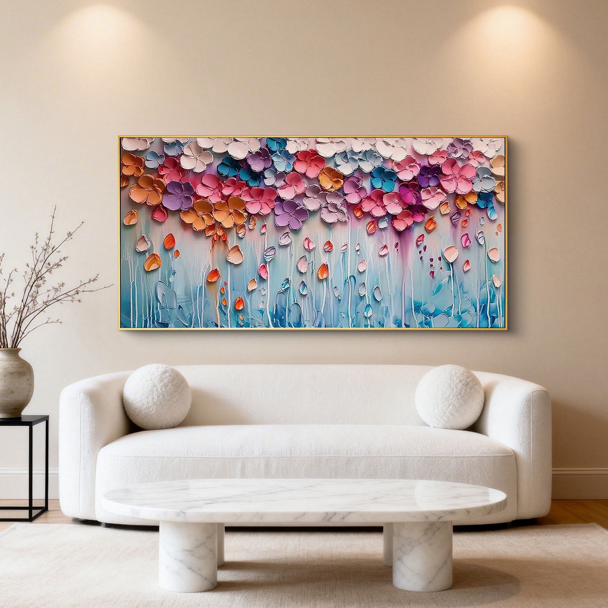 Dreamy Floral Rain – Modern Vibrant Impasto Pastel Flowers Painting | Healing Romantic Living Room Art