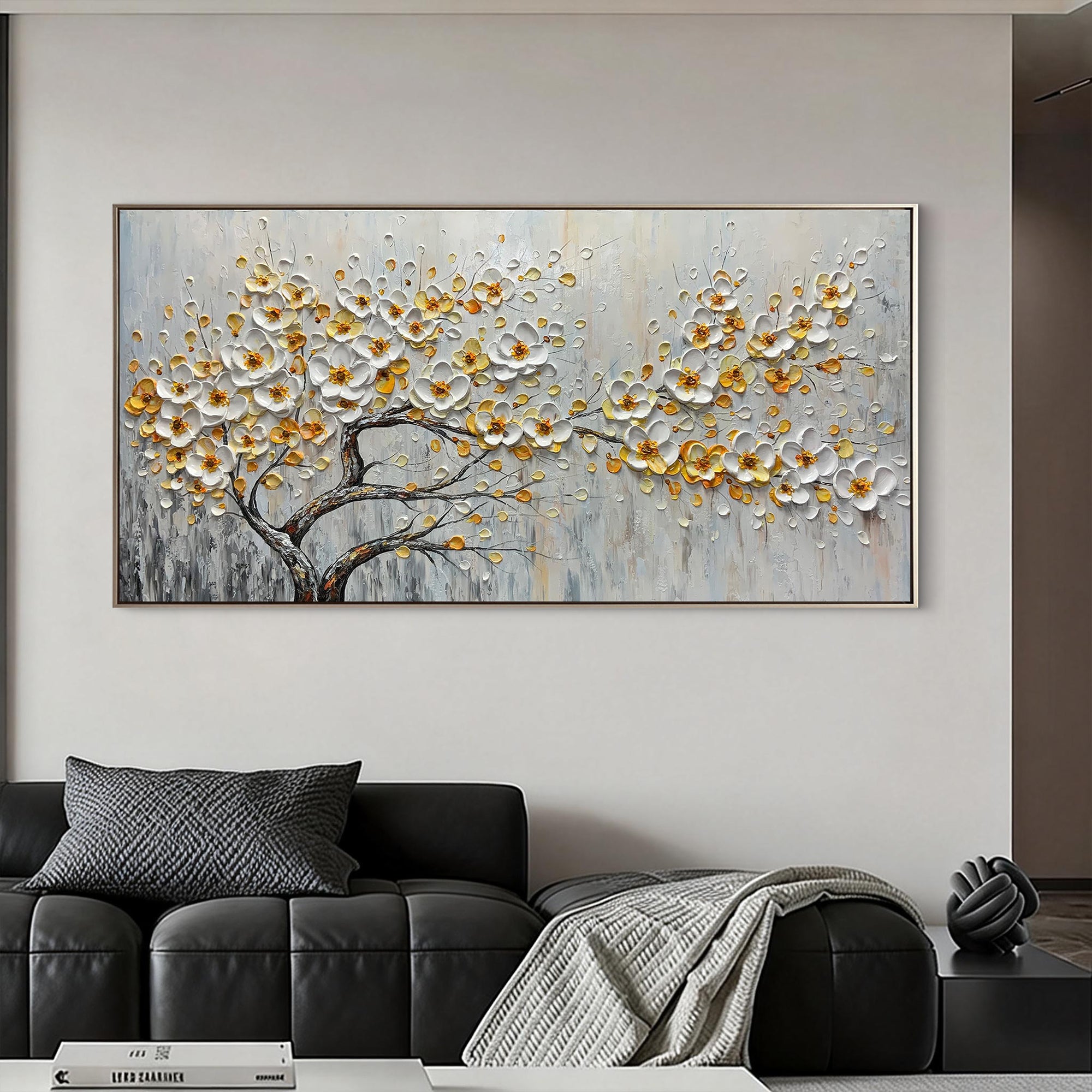 Gilded Blossom – Modern Heavy Textured Floral Painting | Luxury Horizontal Living Room Art