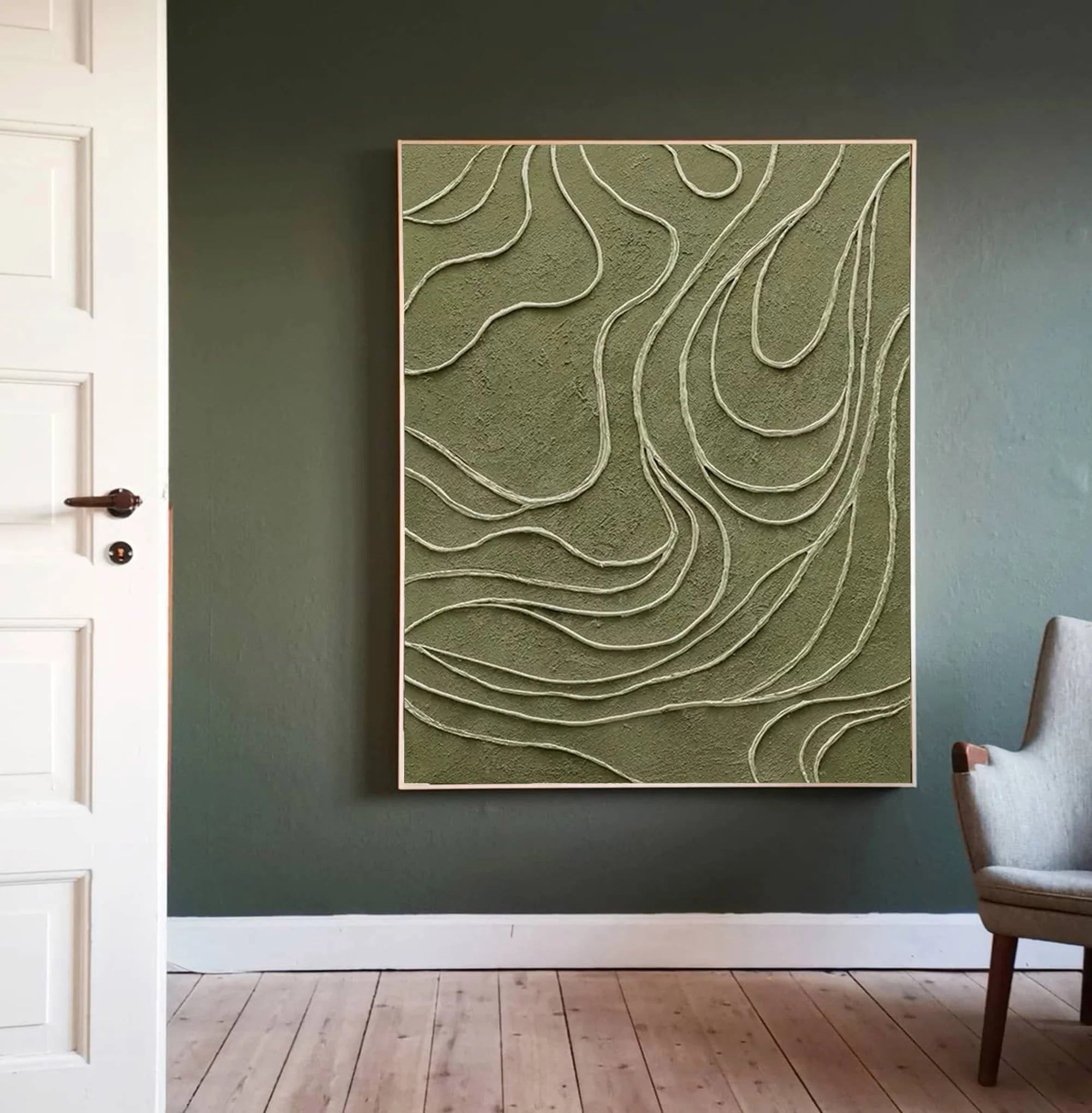 Olive Topography – Hand-Painted Sage Green 3D Line Relief Plaster Effect Minimalist Painting | Modern Minimalist Bedroom & Home Office Art