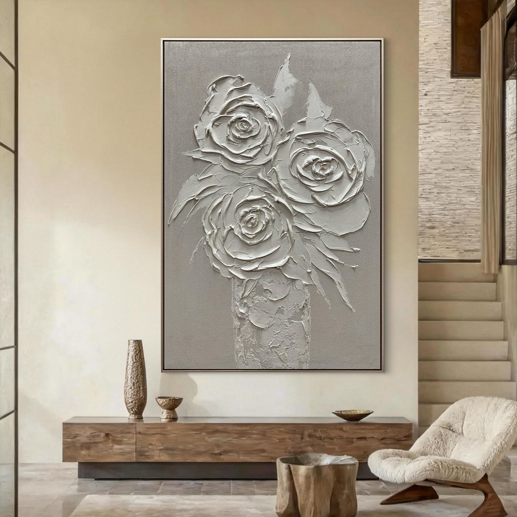 Ethereal Vase – Modern Floral Still Life Relief Texture Painting | Contemporary Botanical Bedroom & Living Room Art