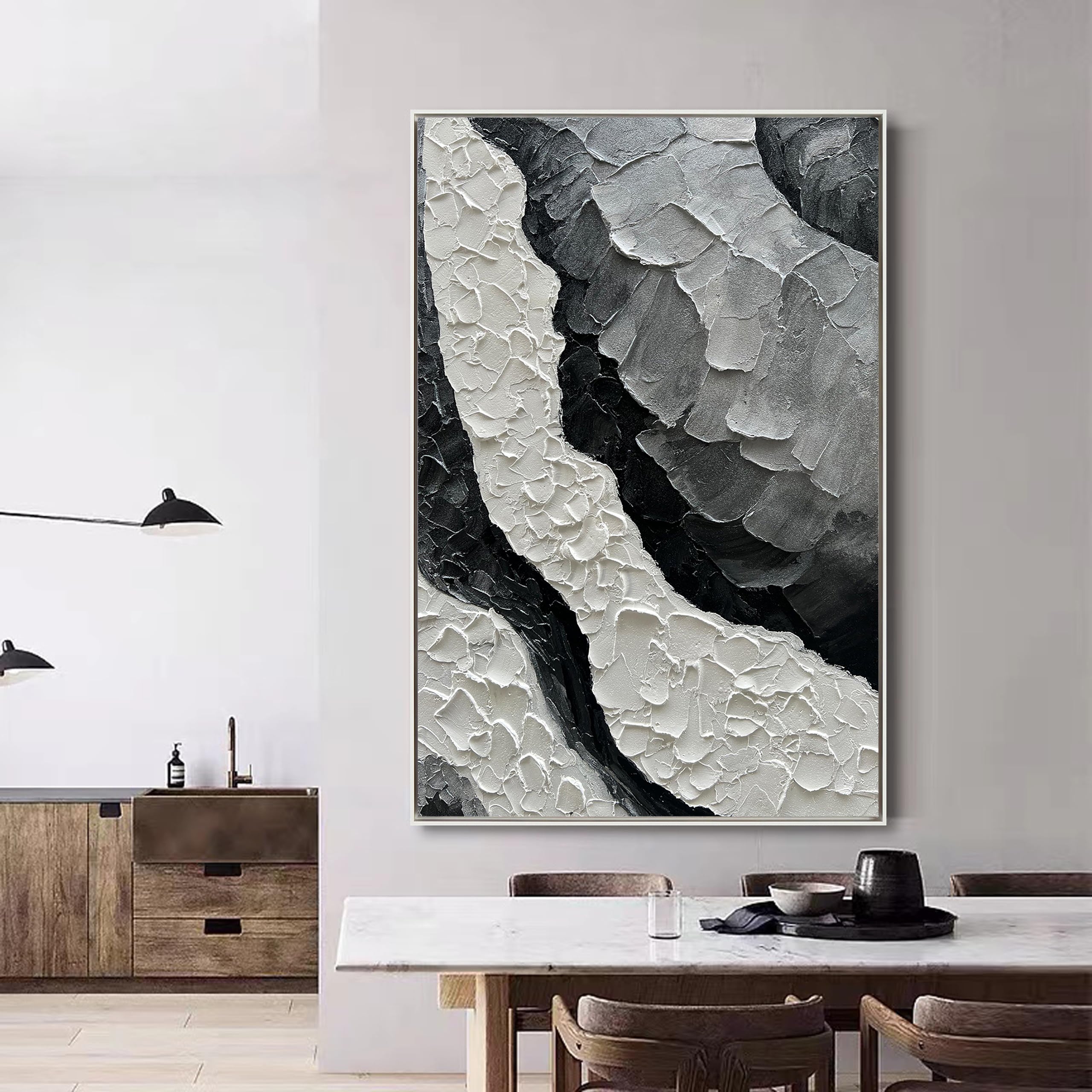 Noir Ridge – Modern Plaster Relief Abstract Texture Painting | Industrial Abstract Home Office & Living Room Art