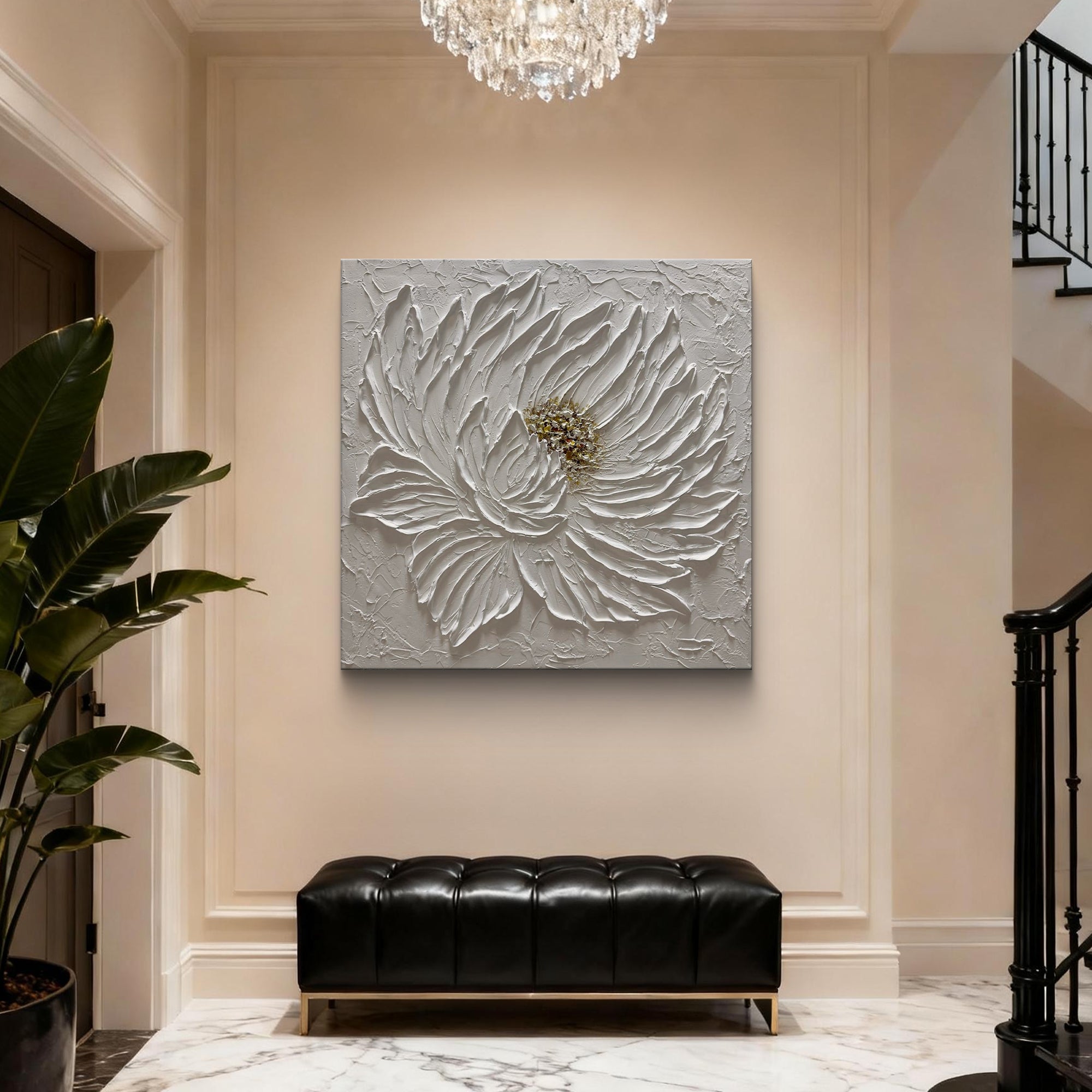 Blossom Elegance – White Flower Relief with Gold Accents Texture Painting | Modern Luxury Botanical Bedroom & Living Room Art