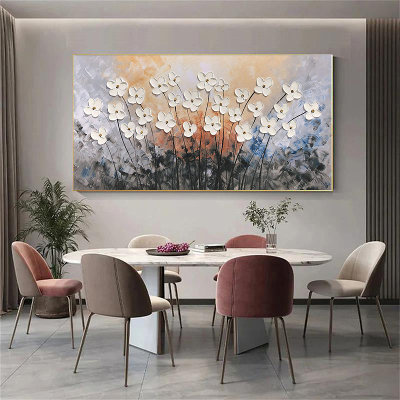 Amber Radiance – Sunset Background Flower Relief Floral Painting | Contemporary Botanical Bedroom & Living Room Art
