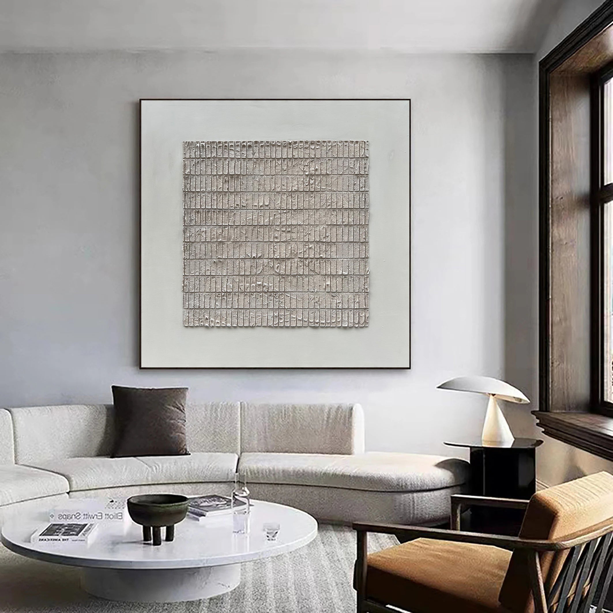 Temporal Grid – Wabi-Sabi Cement Gray Textured Abstract Painting | Modern Minimalist Entryway Art