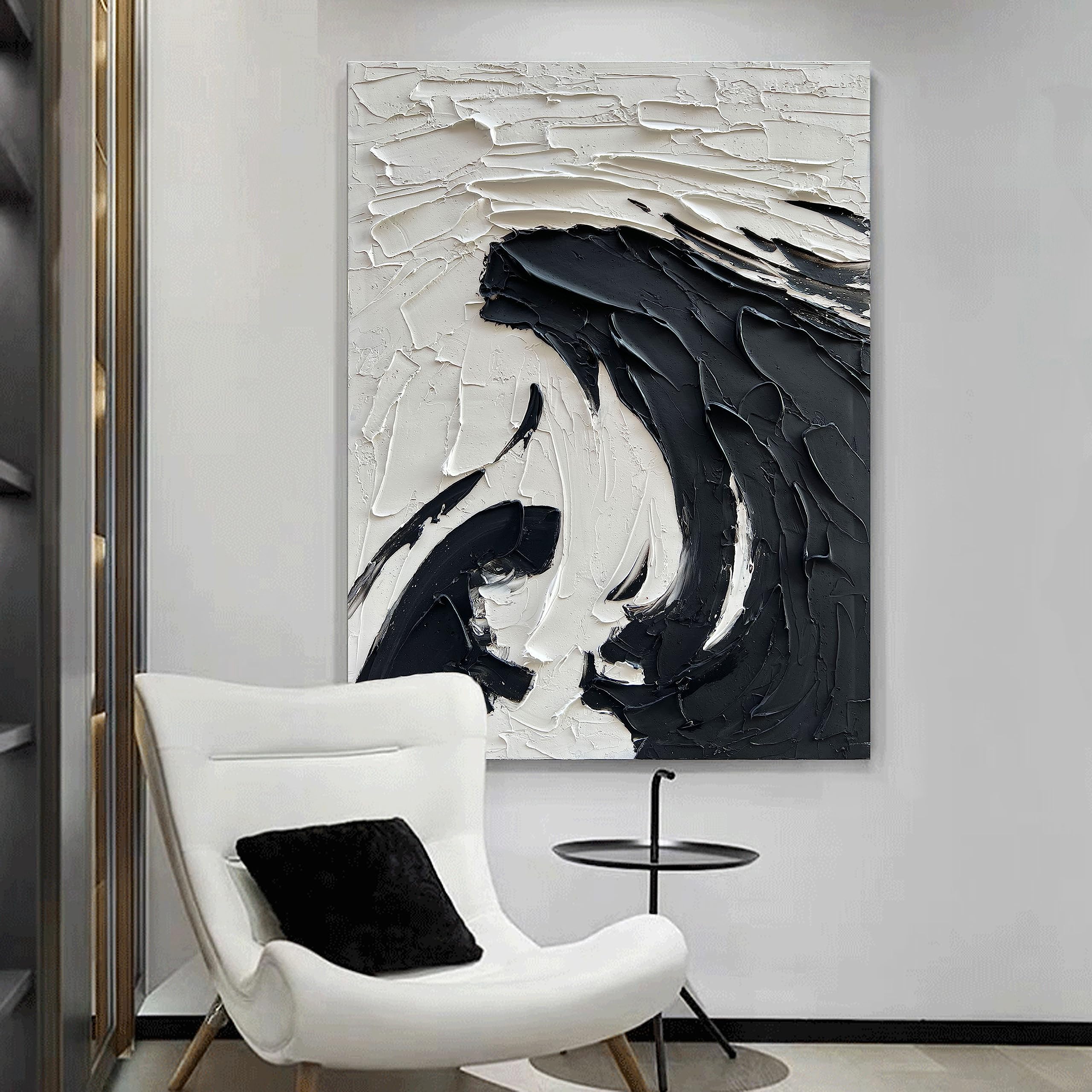 Noir Swirl – Black and White Plaster Relief Abstract Painting | Industrial Abstract Home Office & Living Room Art