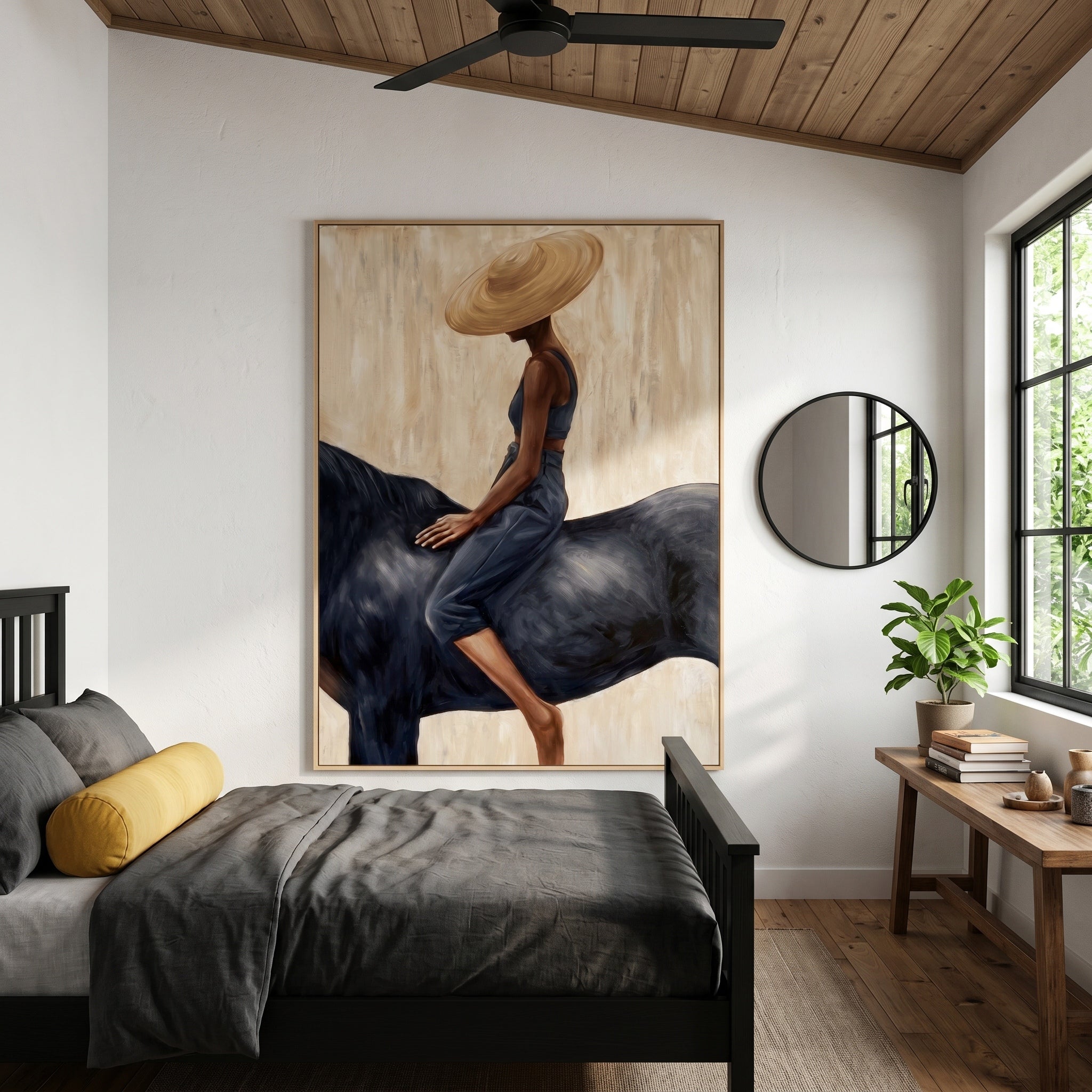 Grace in the Wild - Modern Fashion Black Horse & Woman Painting | Luxury Minimalist Living Room Art