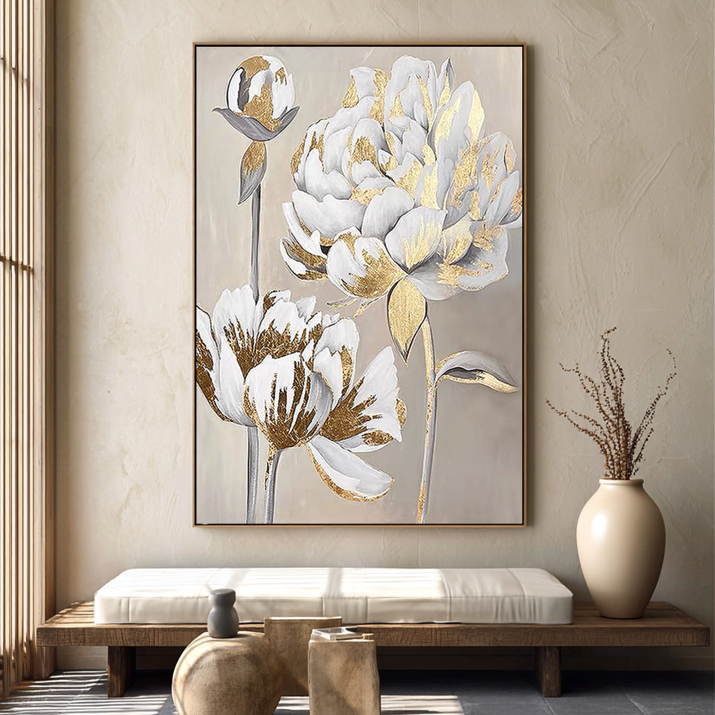 GOLDEN PEONY: Floral Wall Art, Hand-Painted Off-White and Gold Foil 3D Relief Plaster Effect Gallery Art