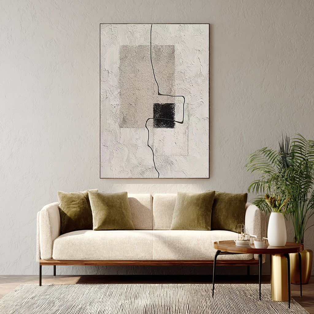 Urban Grid – Grey & Black Plaster Minimalist Painting | Modern Minimalist Bedroom & Home Office Art
